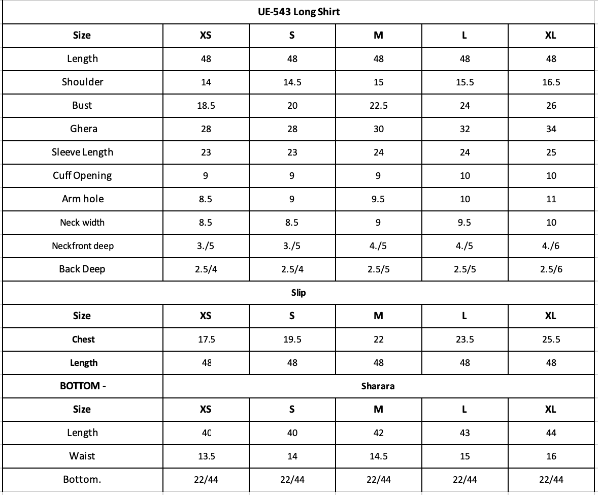 Size Chart (inches)