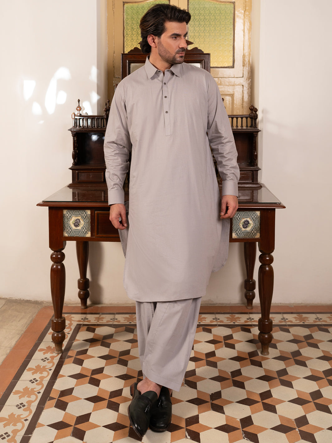 Grey Cotton Kameez Shalwar - ALWA-KS-547
