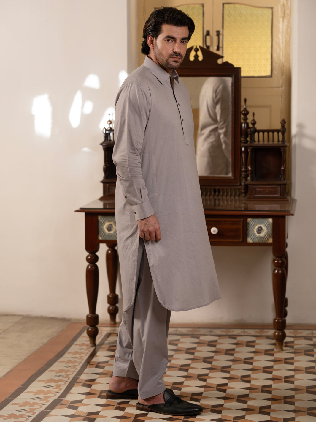 Grey Cotton Kameez Shalwar - ALWA-KS-547