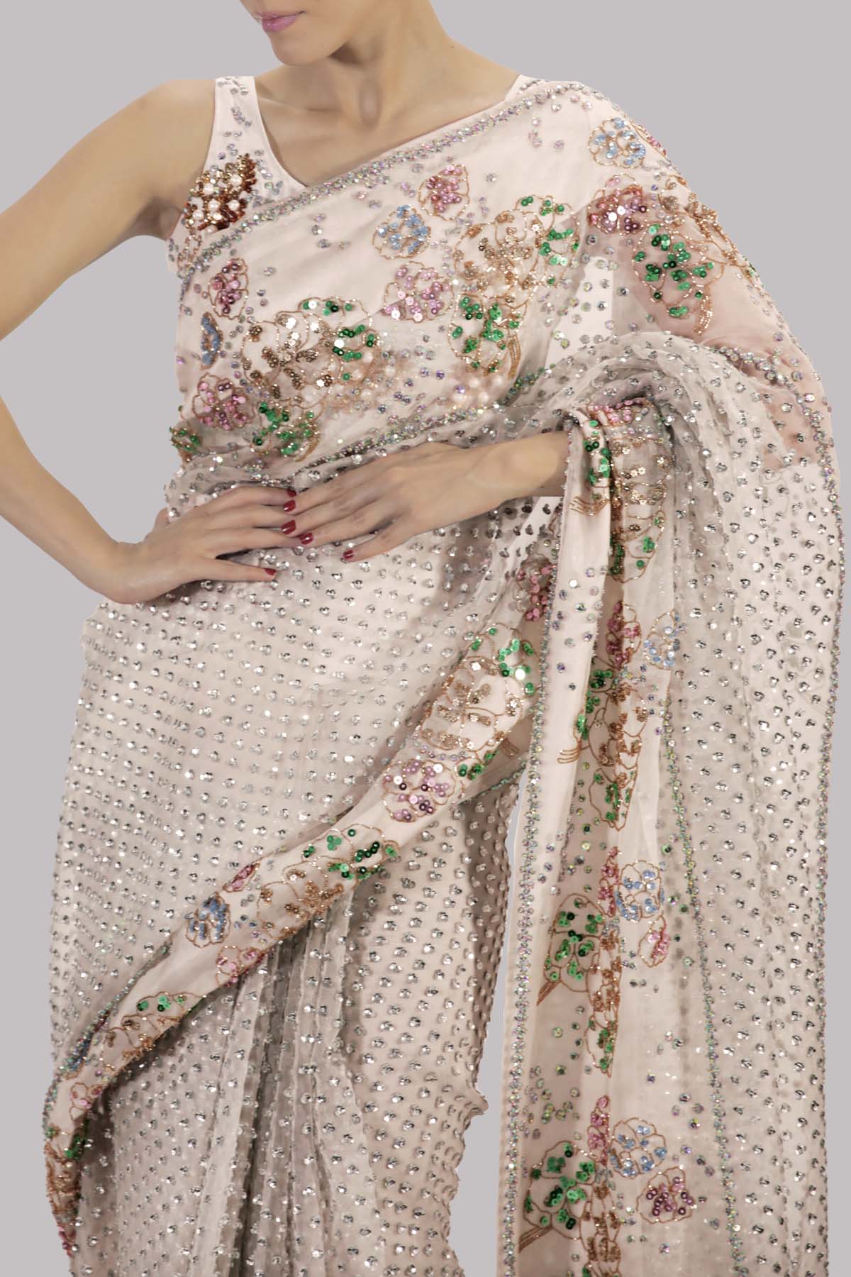 Egret Embellished Organza Sari