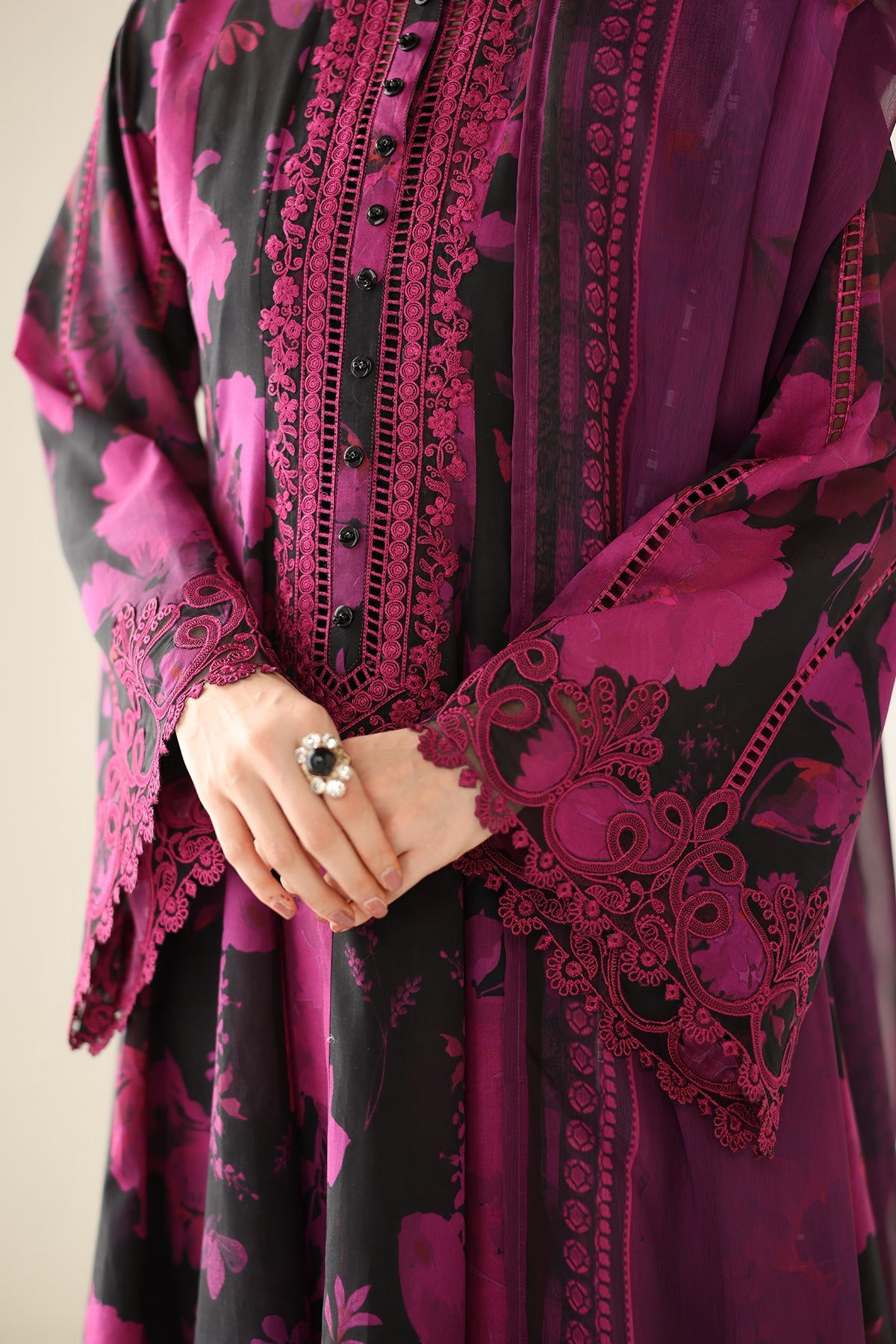 3 Piece Embellished Cotton Net Suit