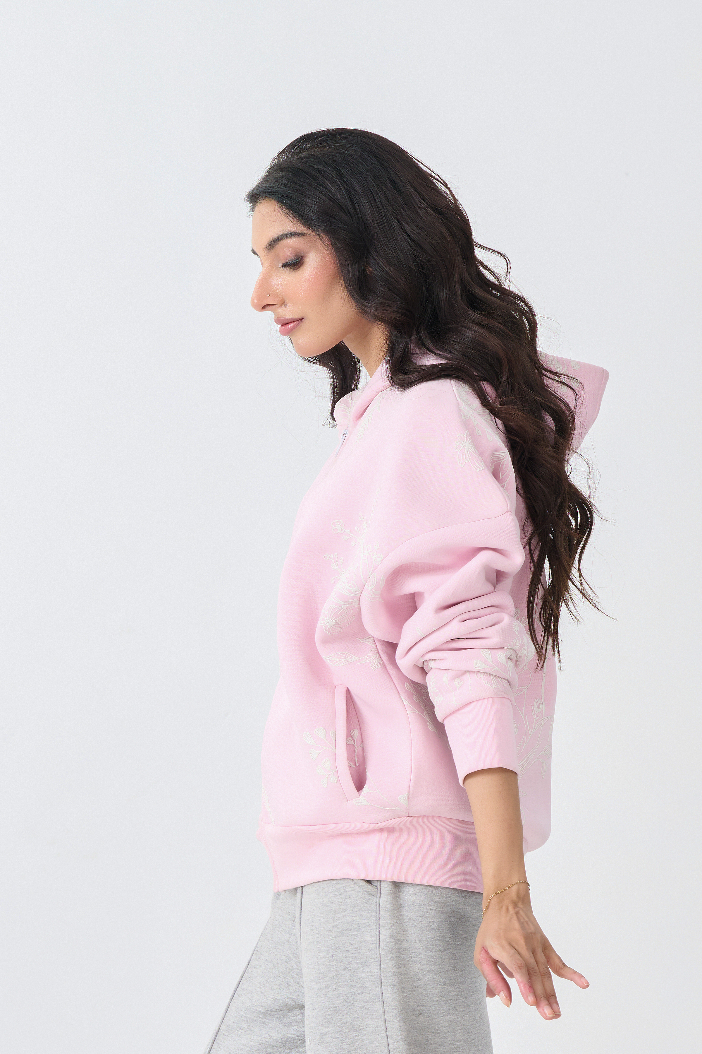 Loose Fit Fleece Zipper Hoodie (Pink)