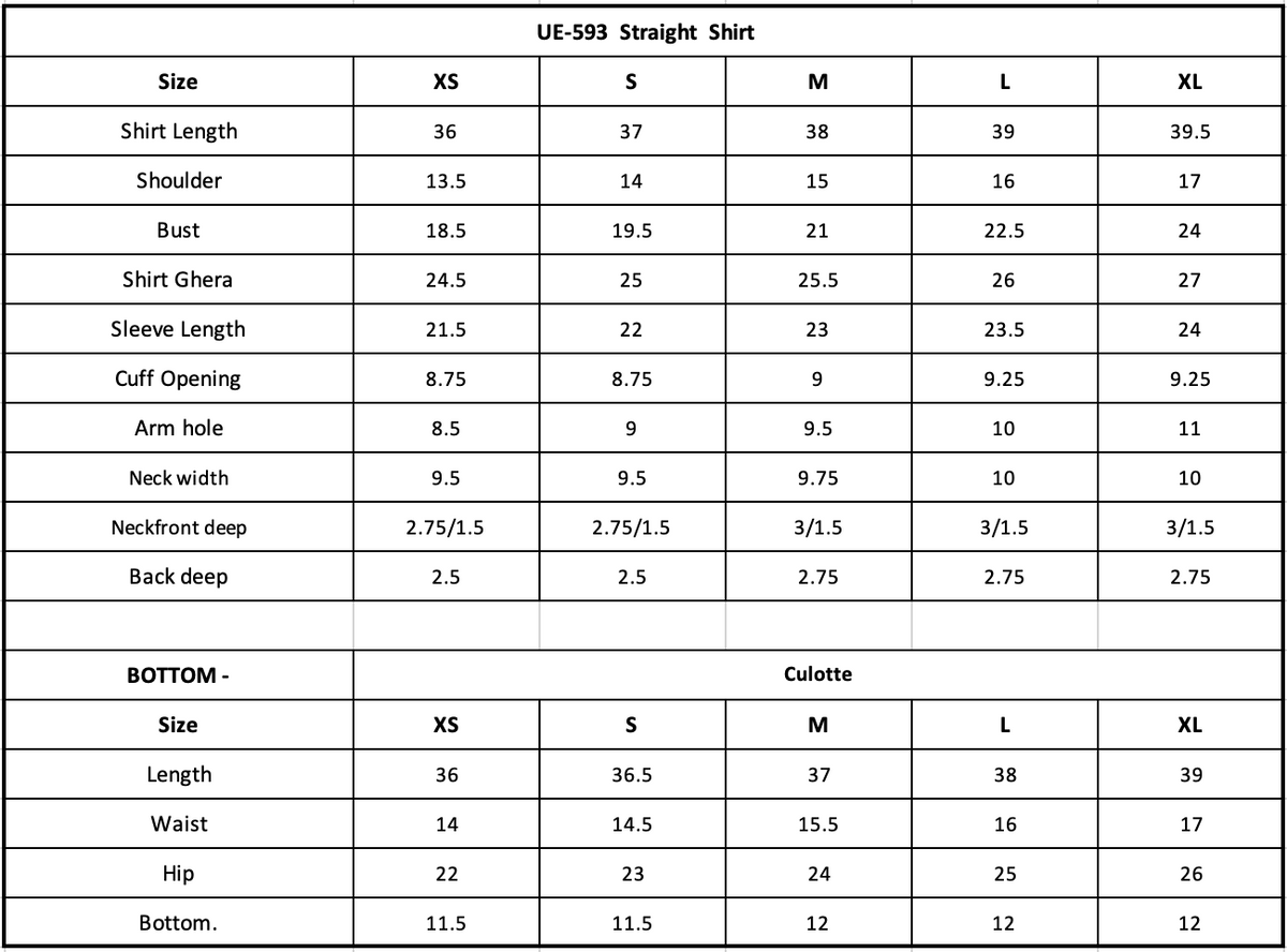 Size Chart (inches)