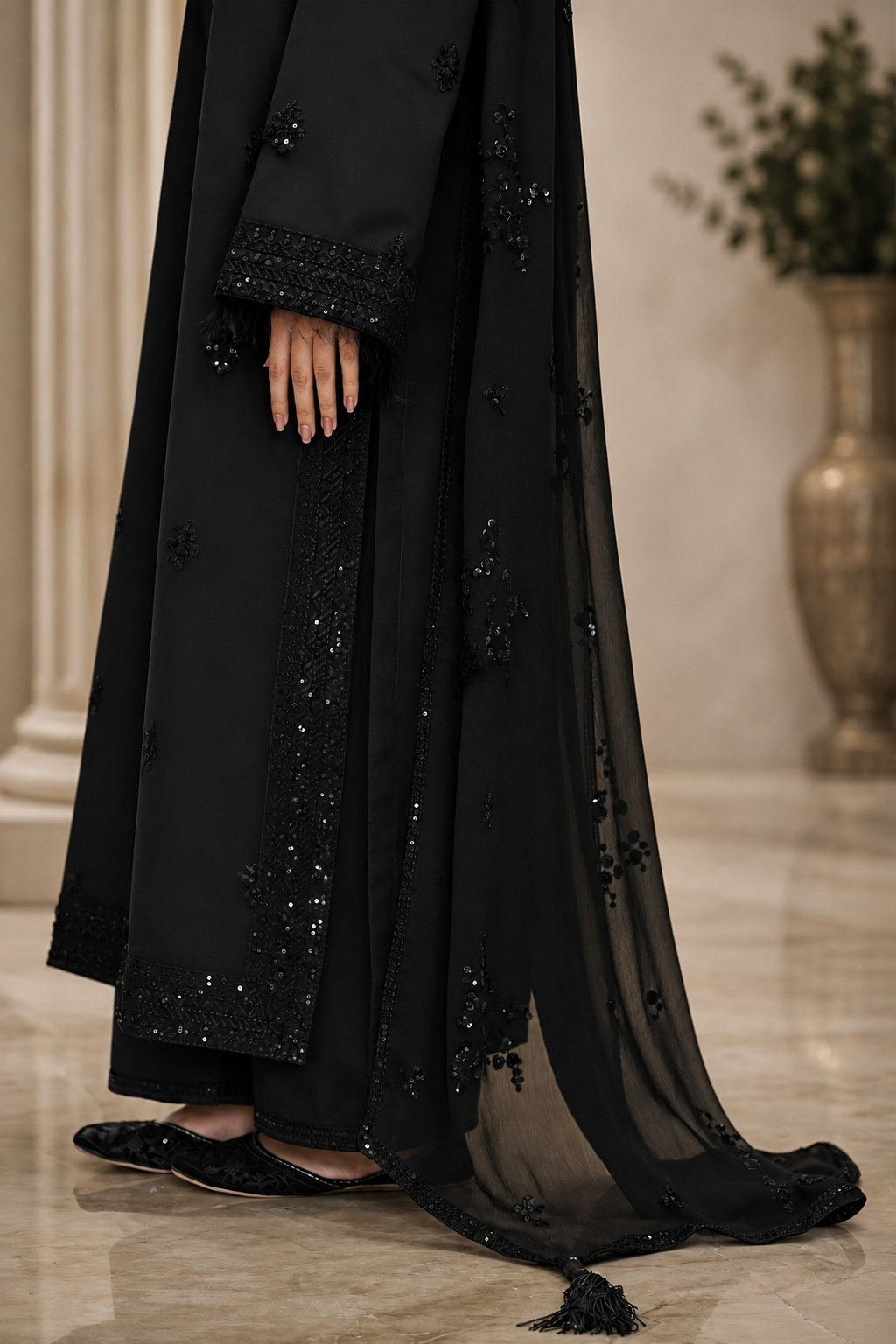Shab-e-Noor - Black 3 Piece Stitched Suit with black  Sequence Work | Luxury Pret