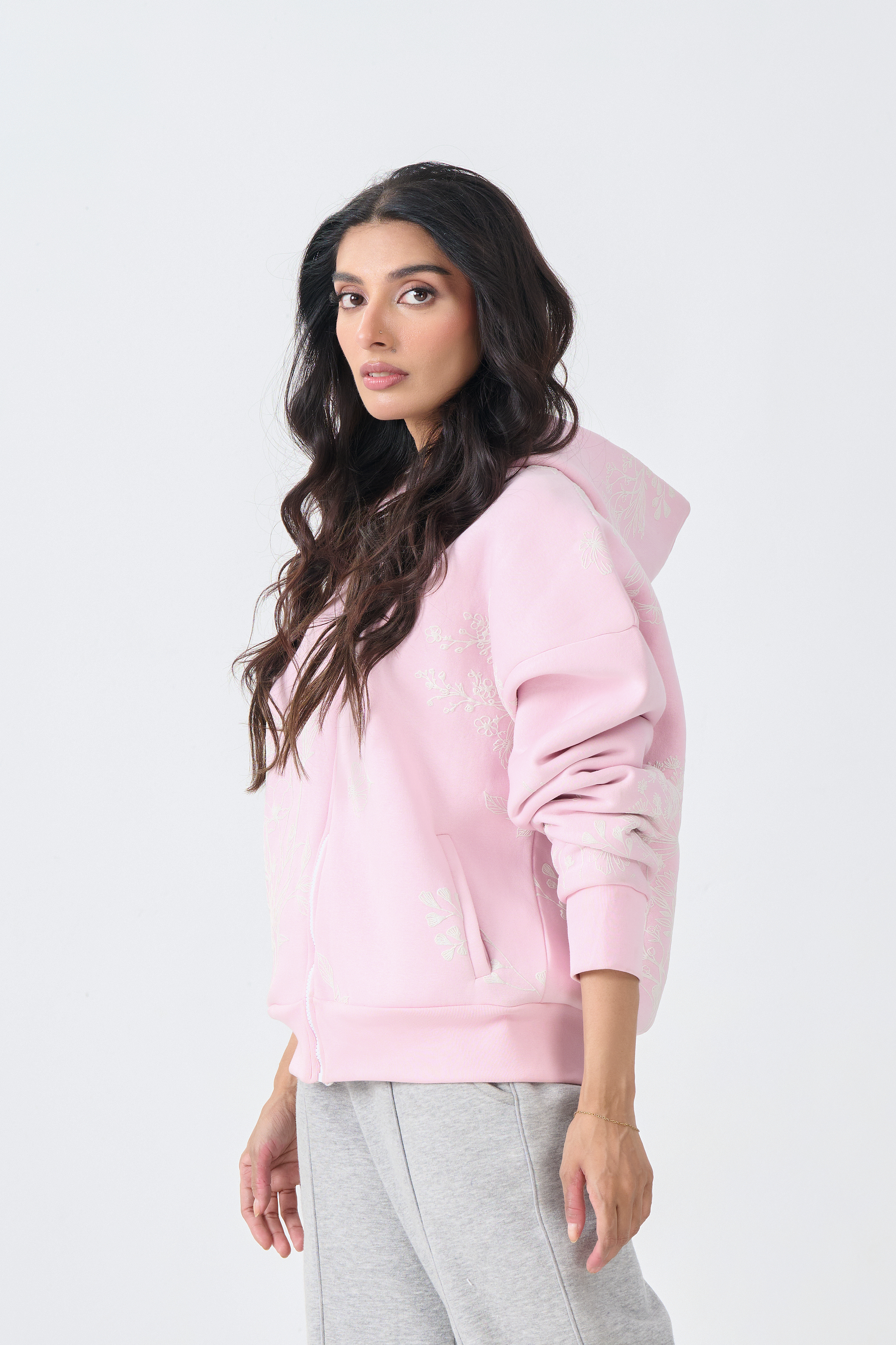 Loose Fit Fleece Zipper Hoodie (Pink)