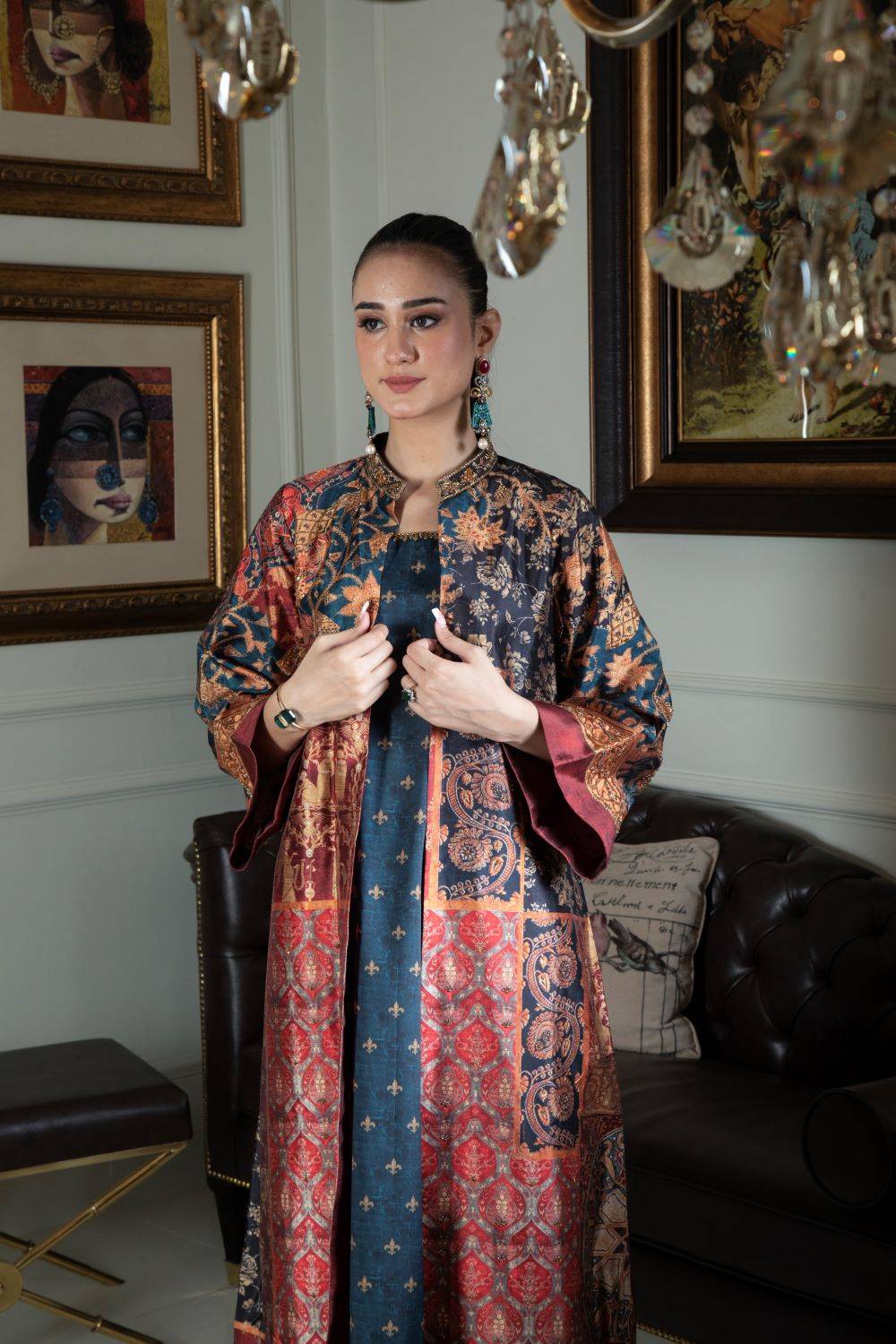 Collage print jacket outfit