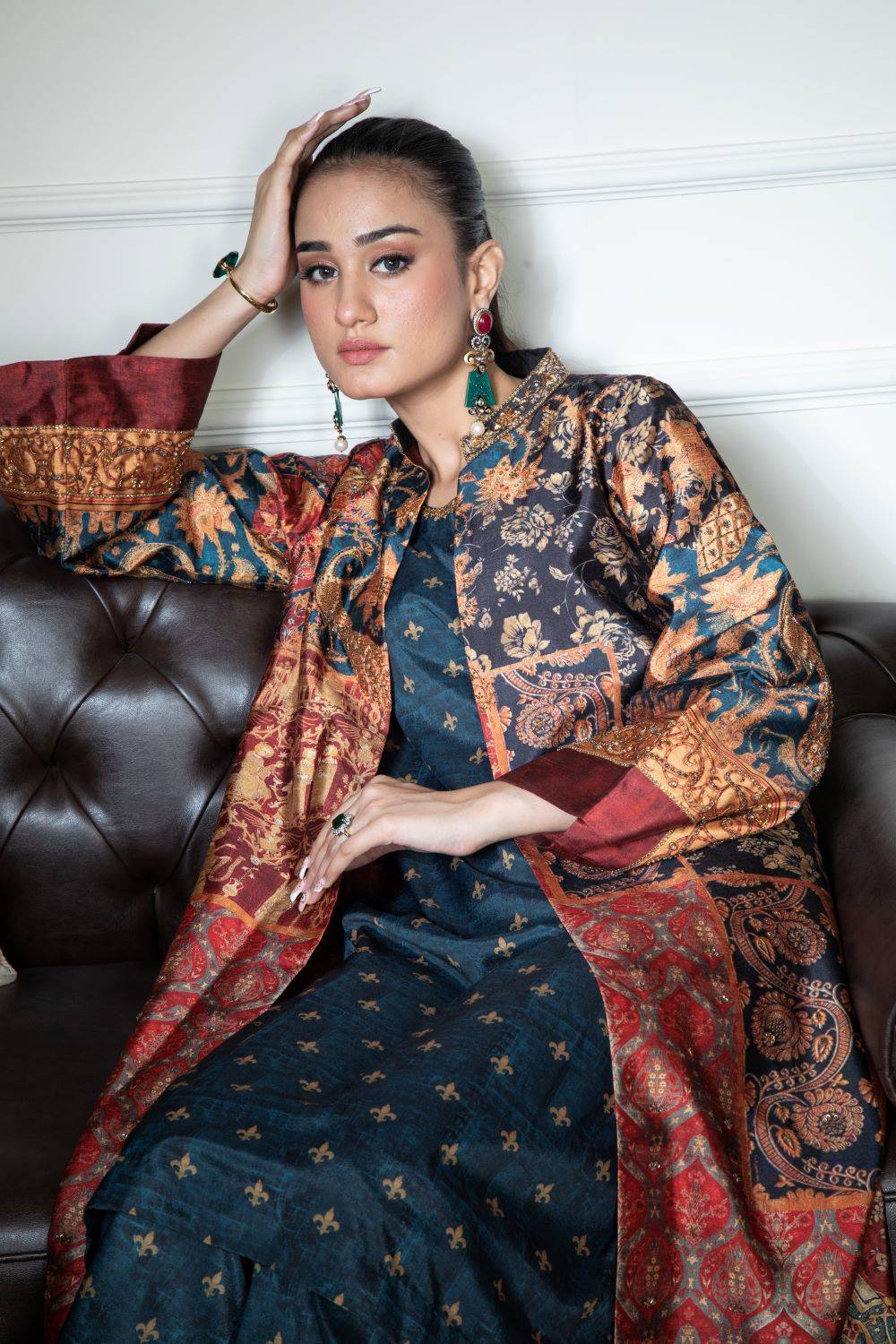 Collage print jacket outfit
