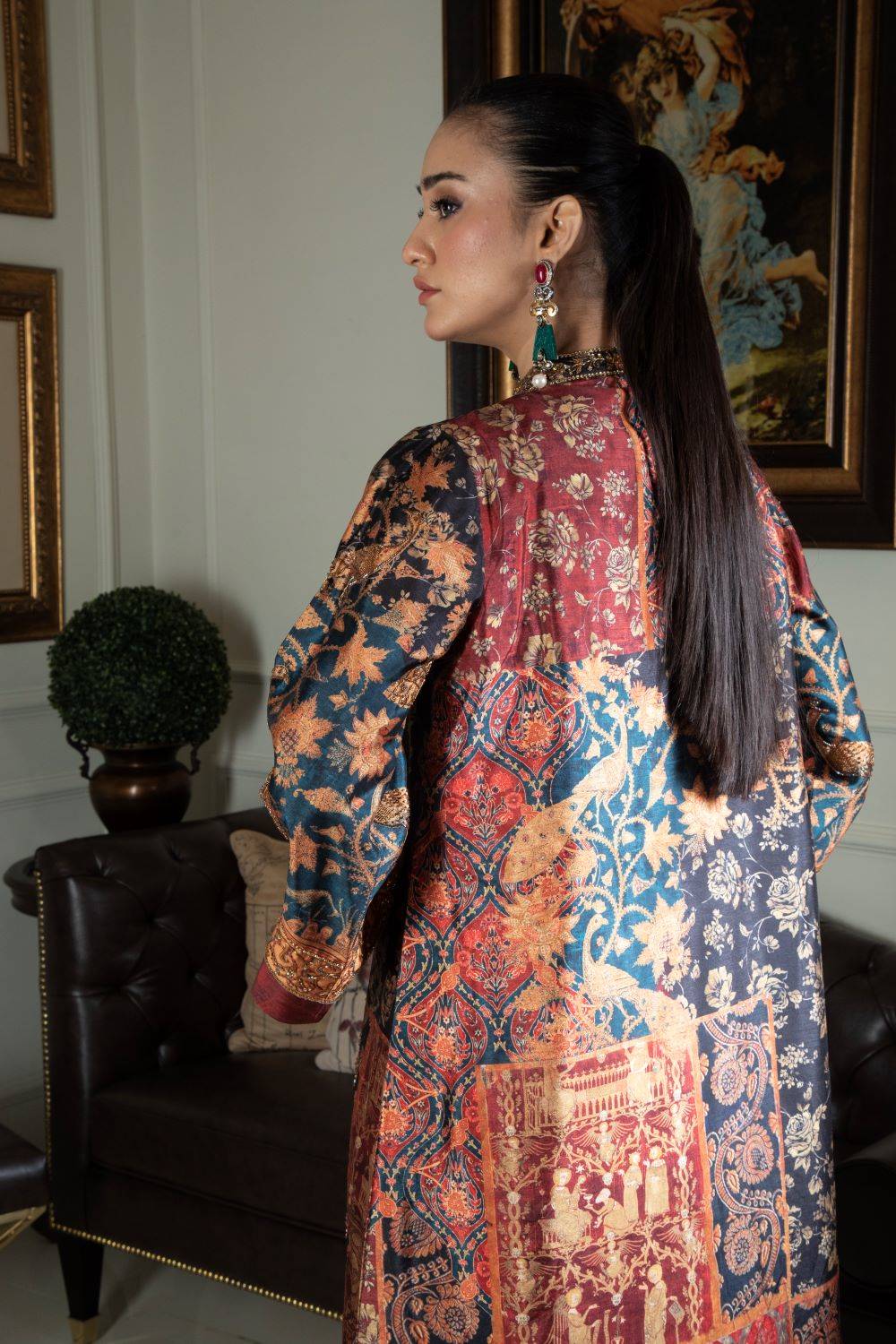 Collage print jacket outfit