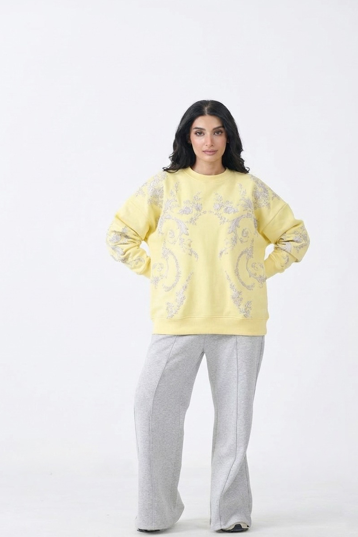 Loose Fit Fleece Sweatshirt with Emboss Print (Yellow)