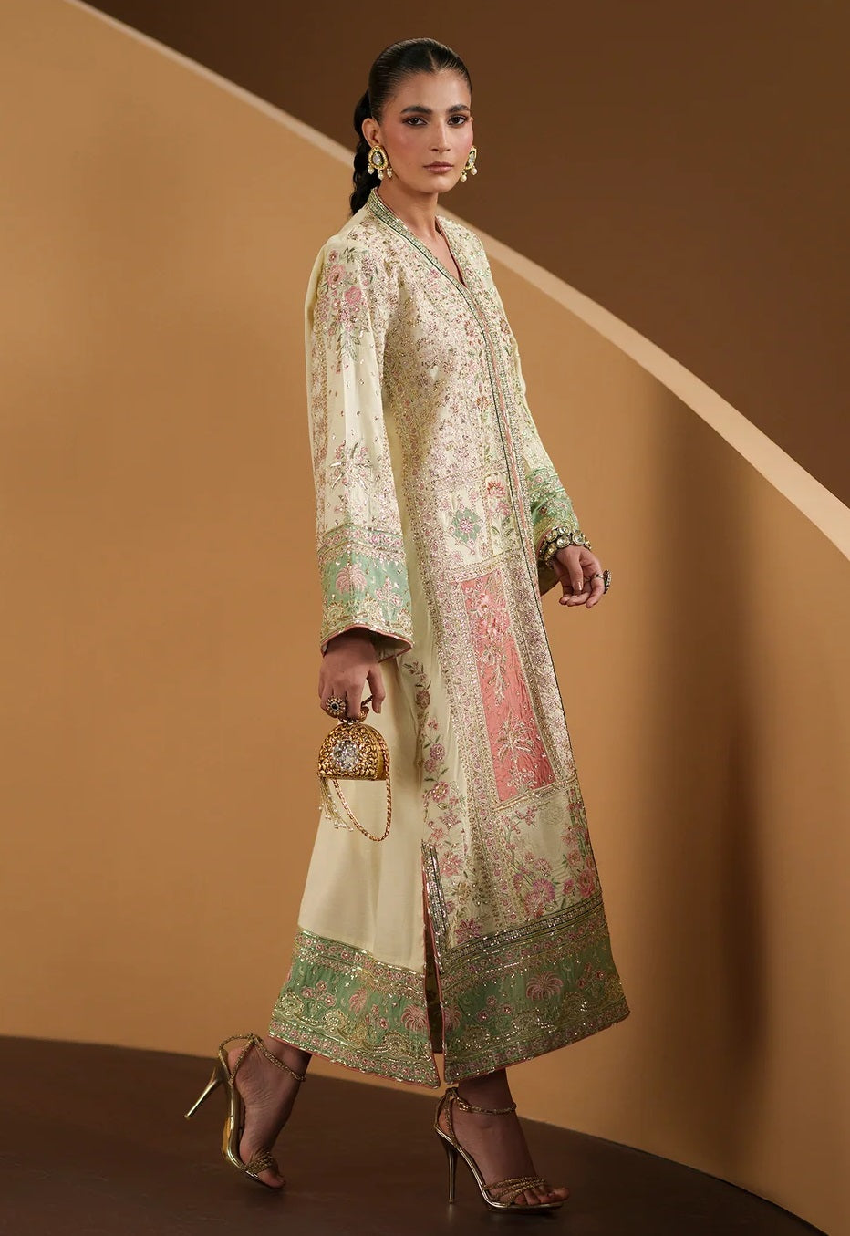 ETHNC ANTIQUE WHITE | E1210/104/006 Luxury Silk Embroidered 3Pc Unstitched Kaftan Suit PA-205