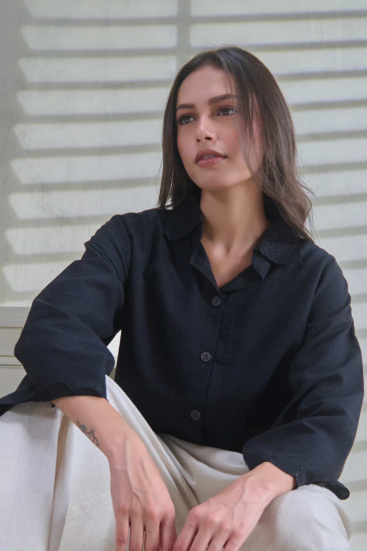 Black Linen Embroidered Button Down Shirt