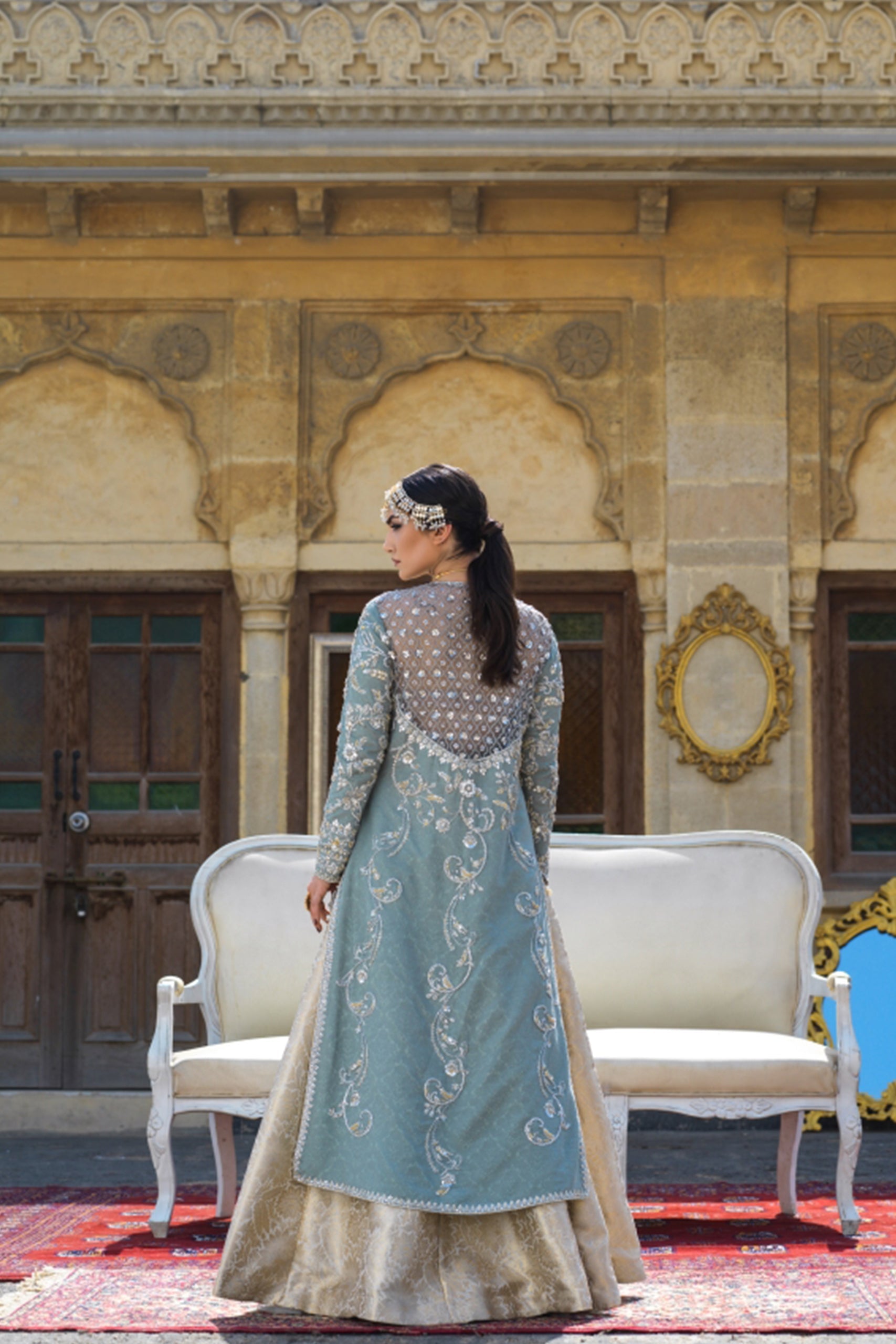 Porcelain Grey Coat with Brocade Lehenga