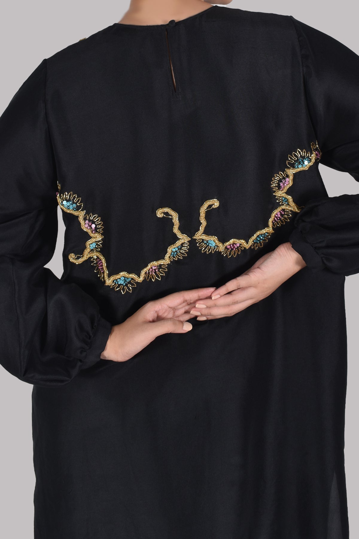 Black Embellished Raw Silk Set