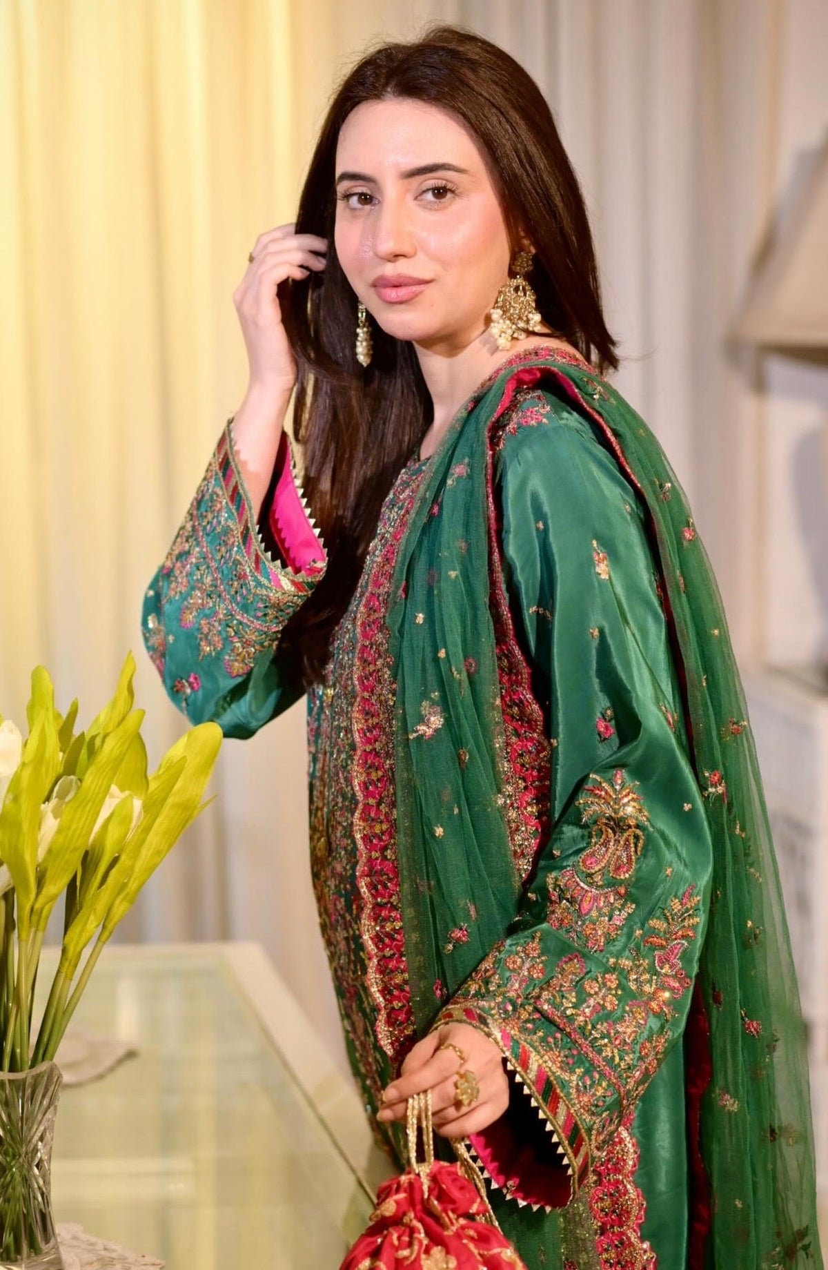 Aneela’s Bottle Green Sequence Embroidered Lawn Unstitched 3Pc Suit AN-29