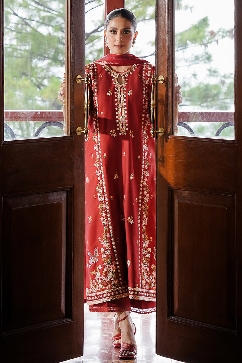 RUBY WHISPER-3PC SATIN EMBROIDERED SUIT UNSTITCH / RED / SATIN (RTS)-CROSS STITCHED