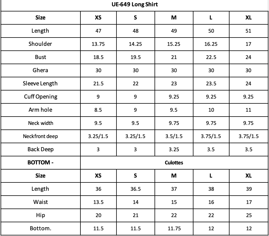 Size Chart (inches)