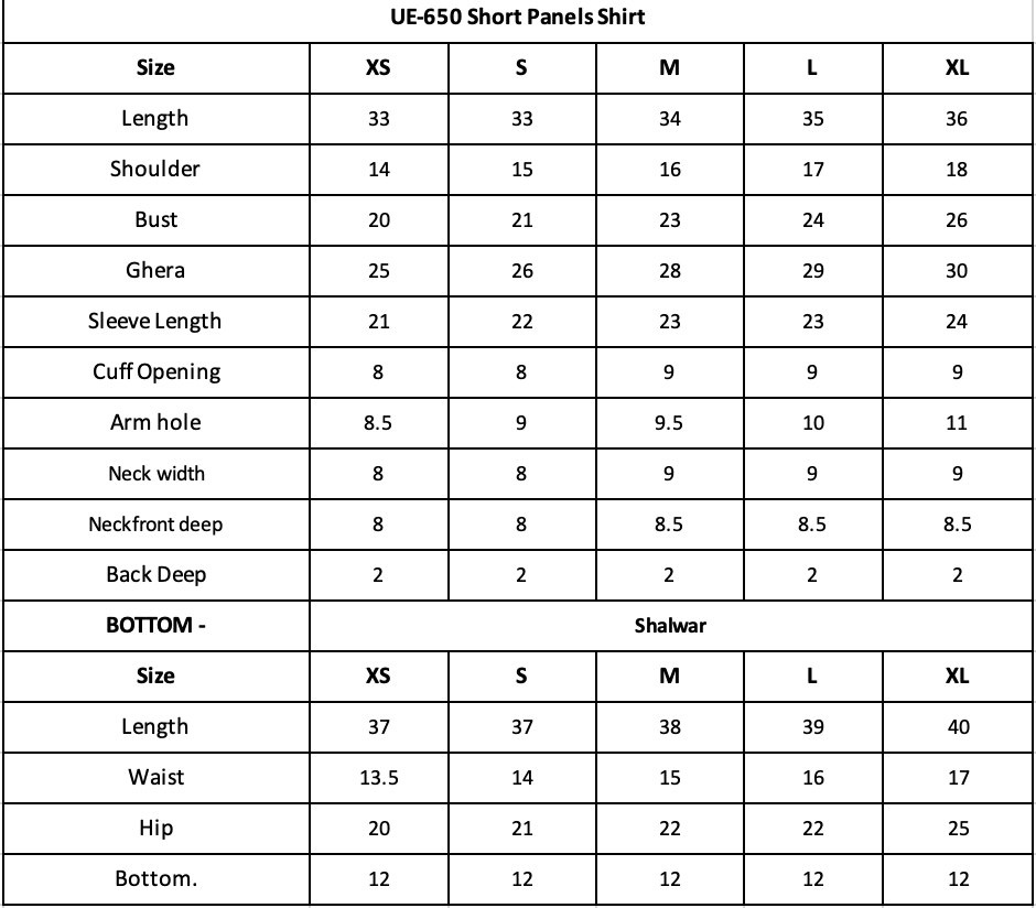 Size Chart (inches)