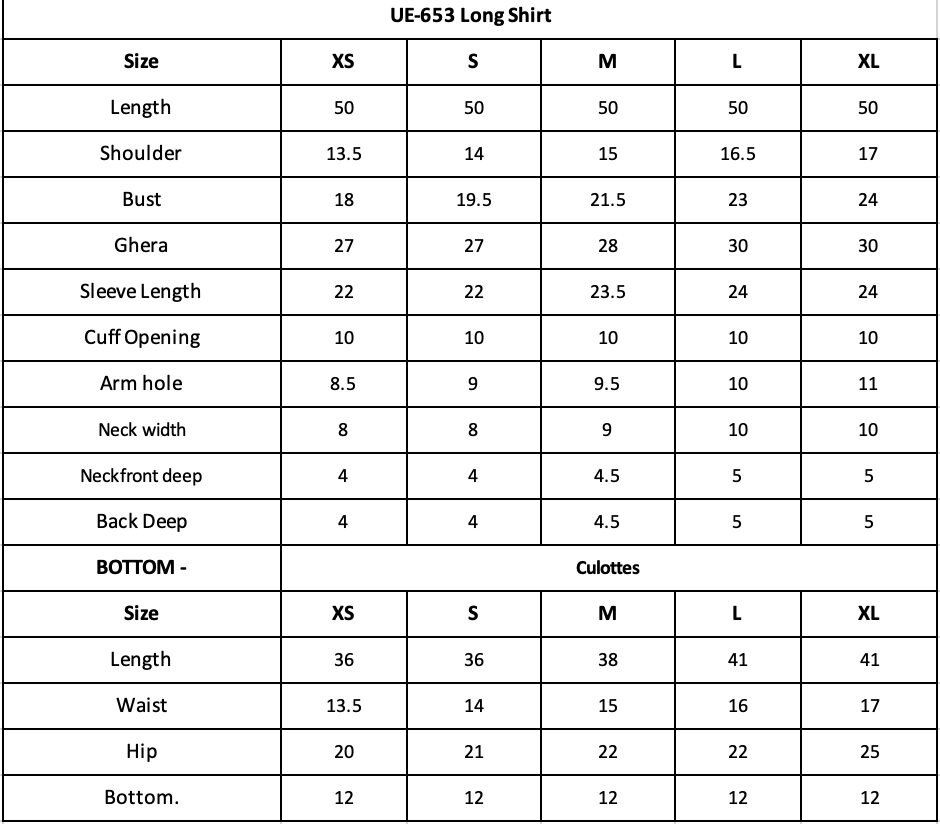 Size Chart (inches)