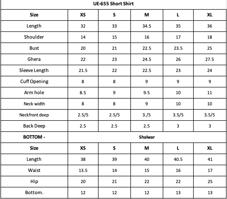 Size Chart (inches)