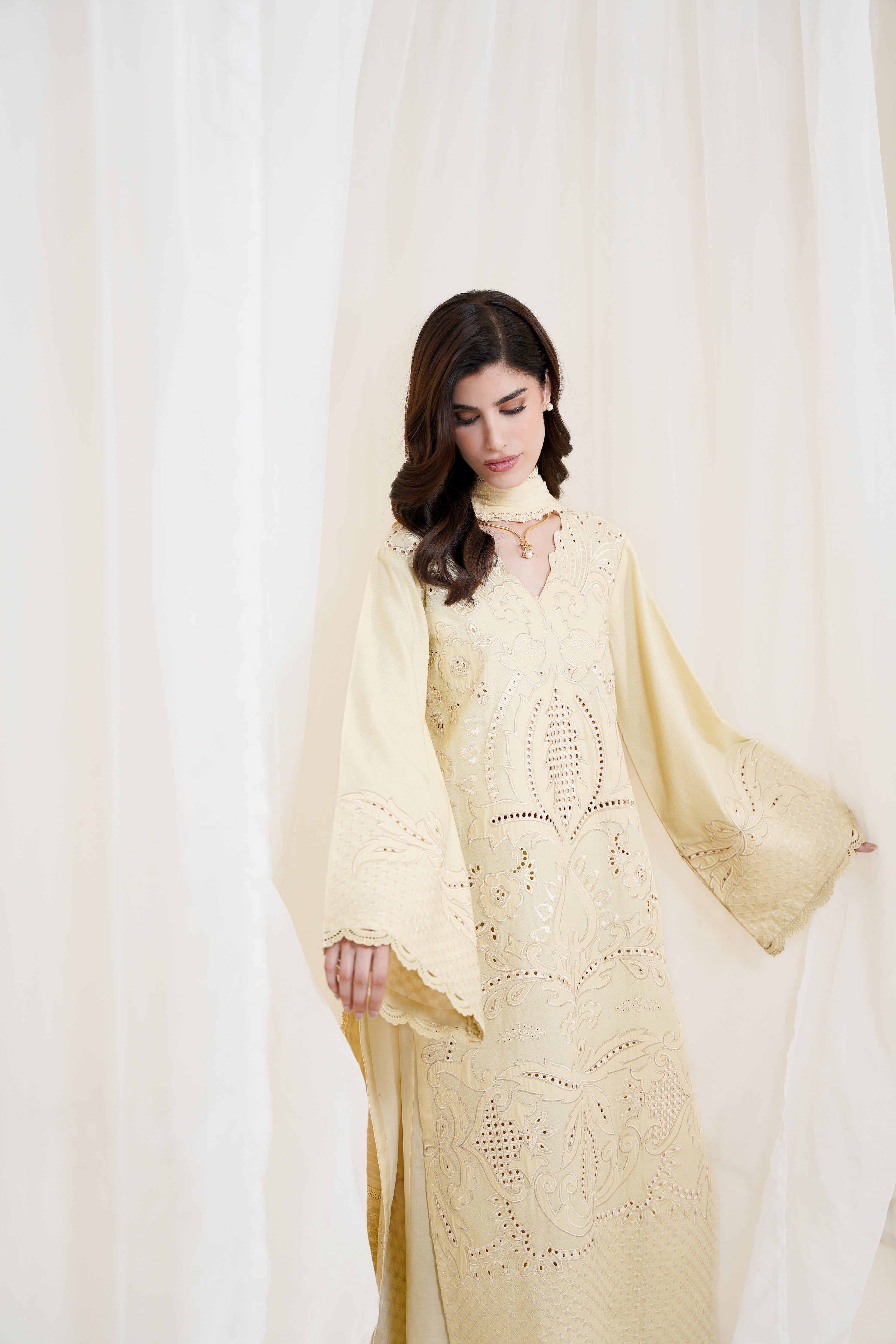 BUTTER YELLOW LUXURY EMBROIDERED 3PCS SET NPA3-25420 (EID 2025 READY TO WEAR) - EXPRESS SHIPPING
