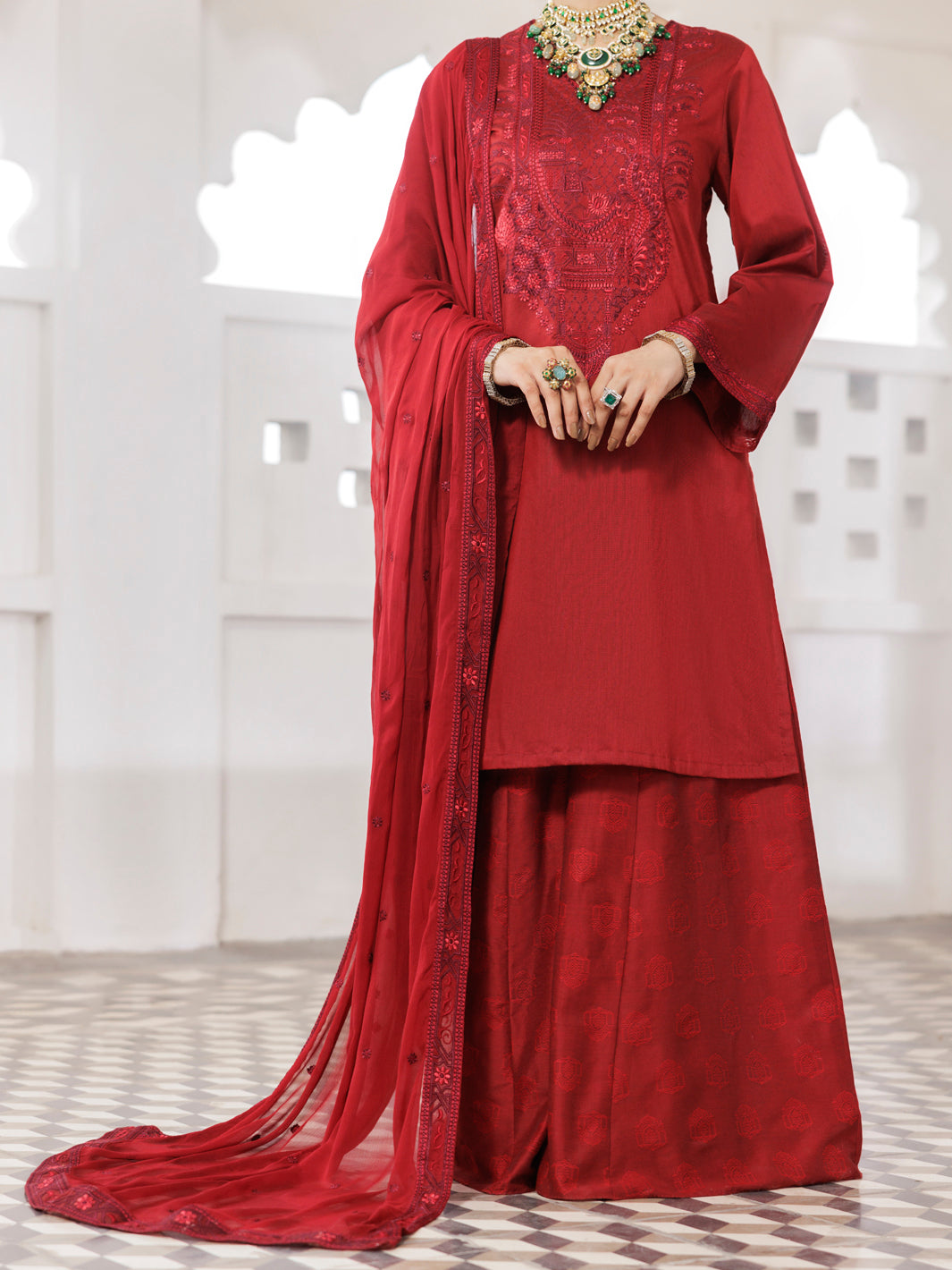 Red Yarn Dyed 3Pc Stitched - AWP-3PS-685