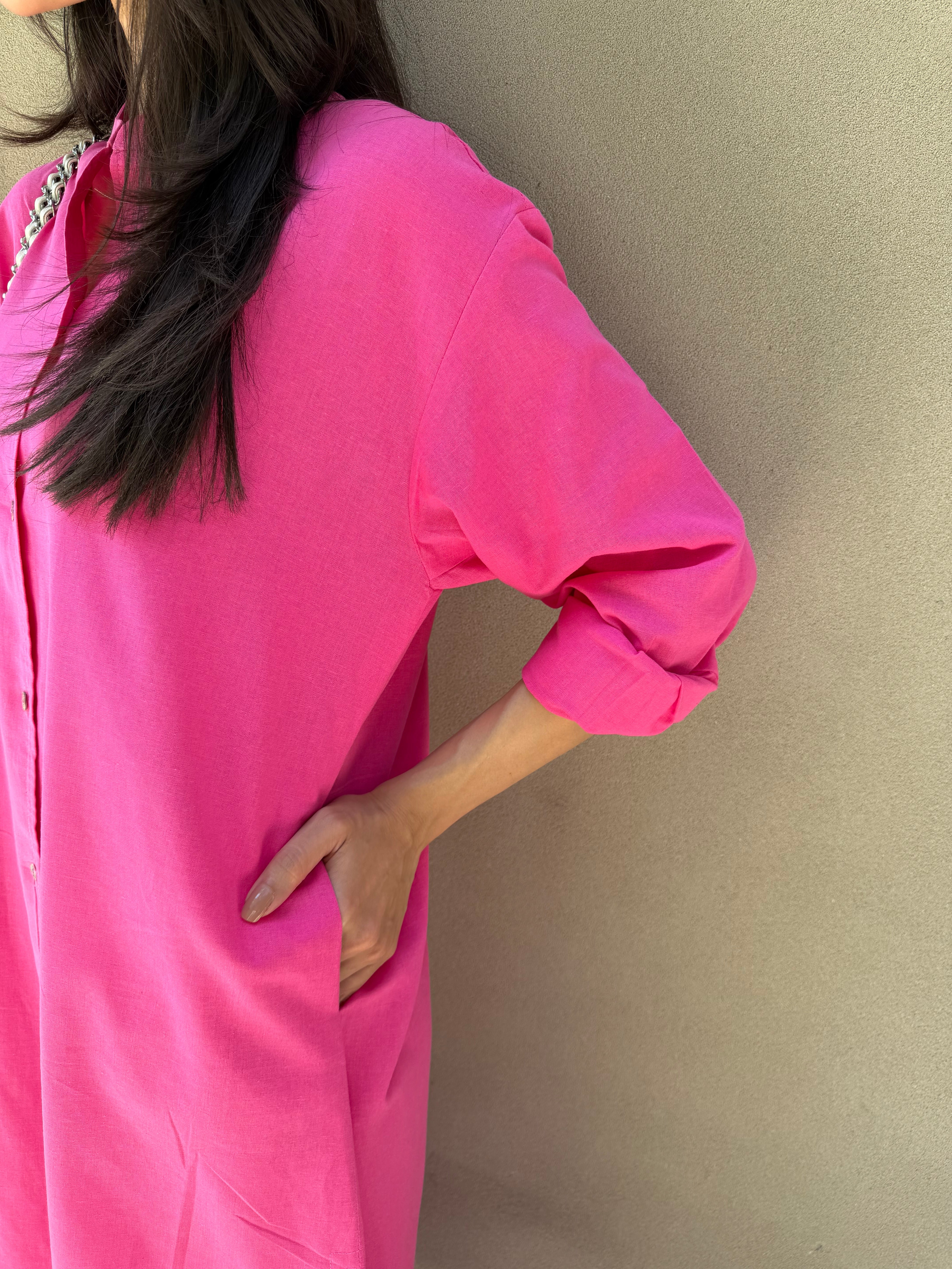 Oversized Linen Shirt Dress in Hot Pink