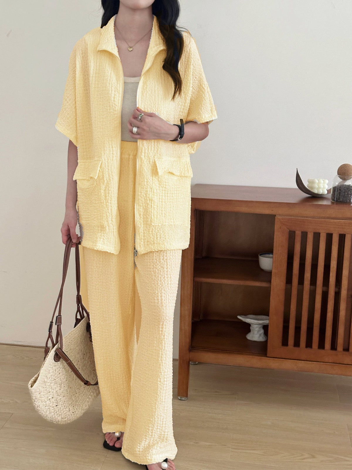 Roohi Yellow Textured suit with Full Zipper