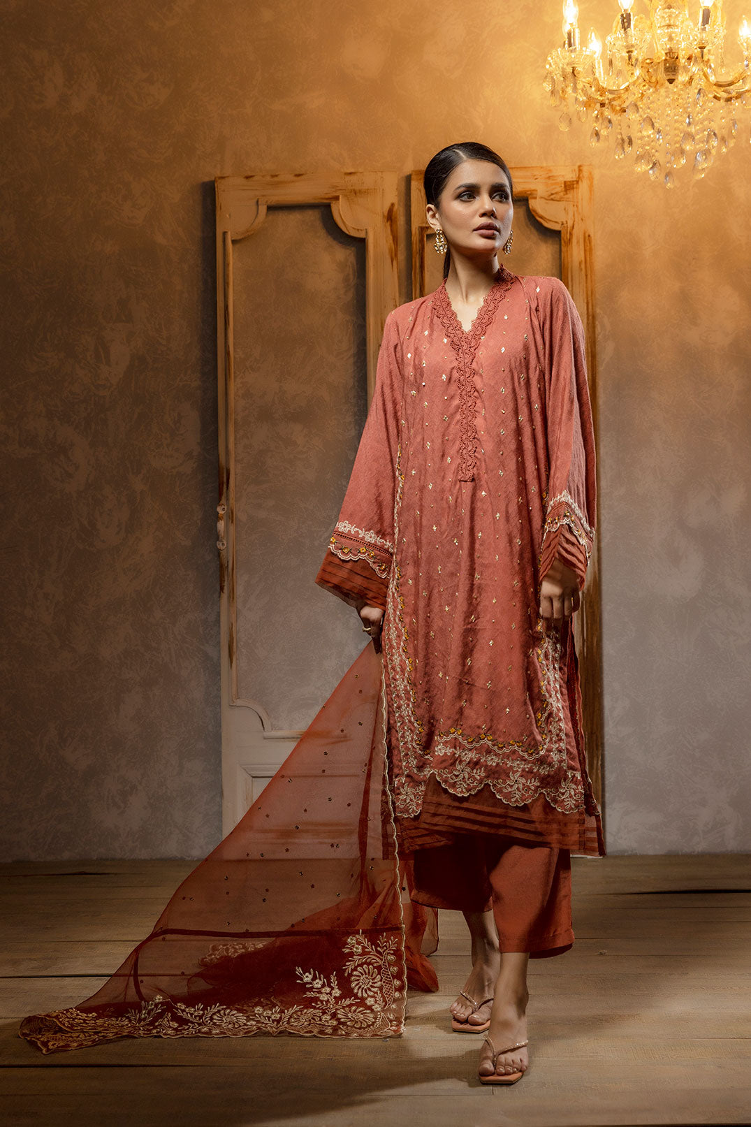 Da-2075 Rust Embroidered Kurta With Dupatta