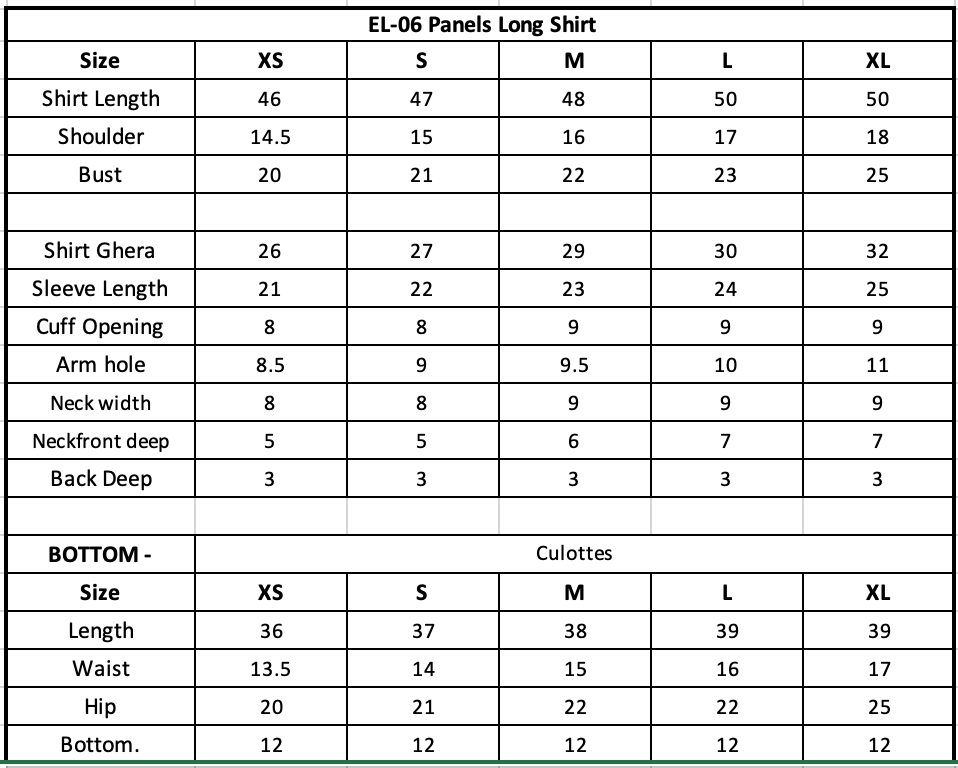Size Chart (inches)