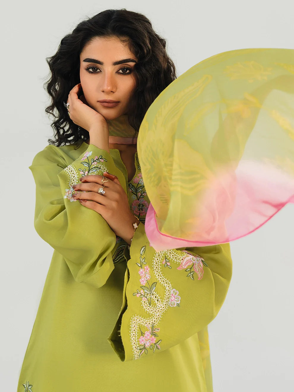 Olive Lime - 3Pcs Khaddi Silk Ensemble