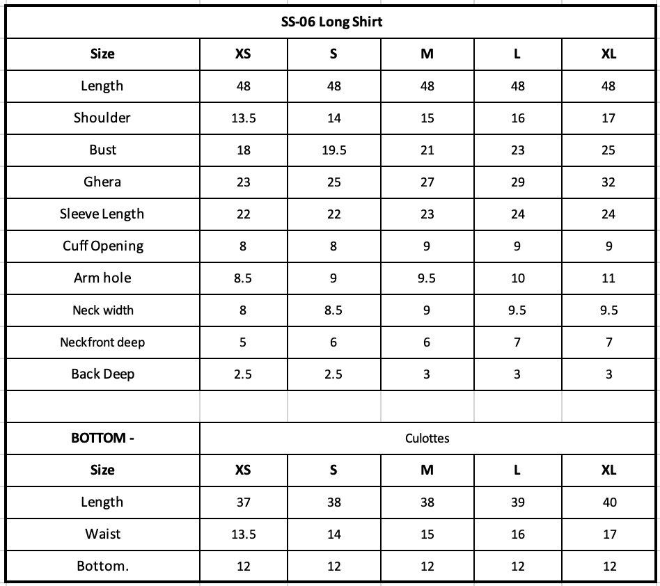 Size Chart (inches)