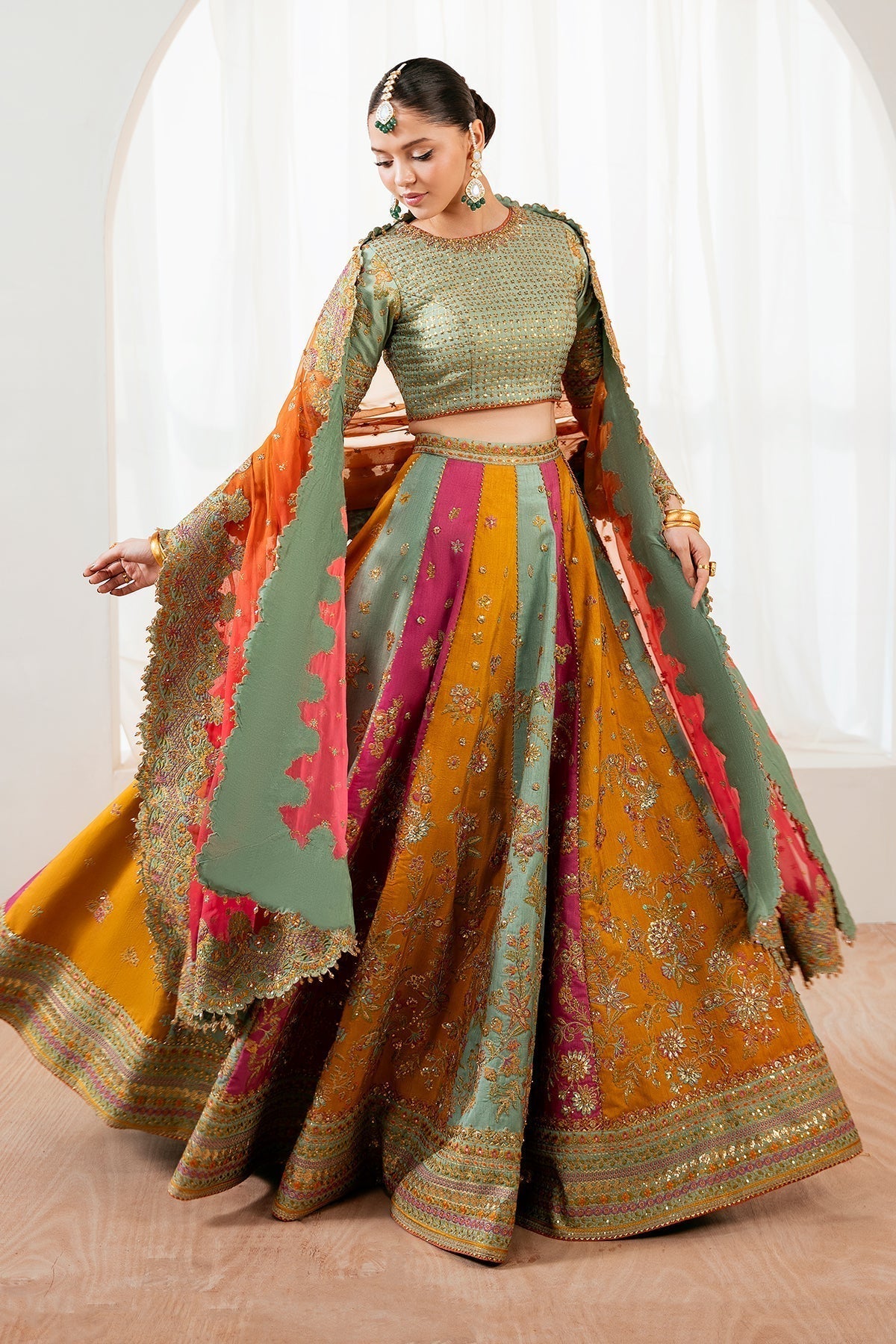 Embroidered Silk Style — Mairaz Sage Green Lehenga Set