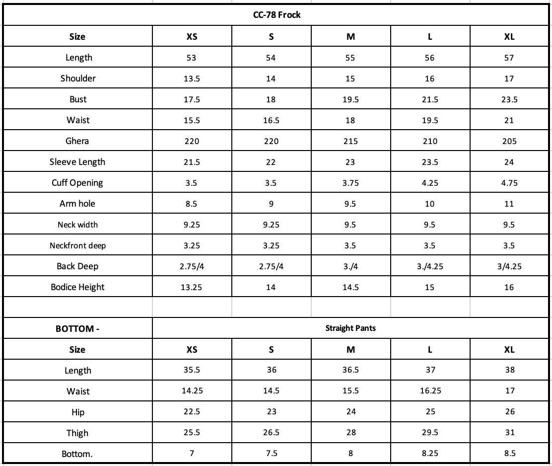 Size Chart (inches)