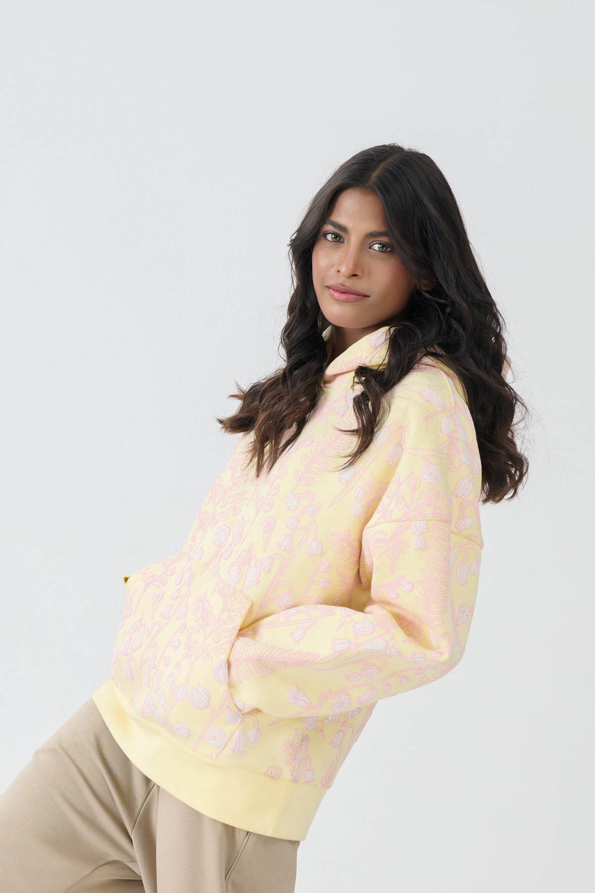 Loose Fit Fleece Pull Over Hoodie (Yellow)