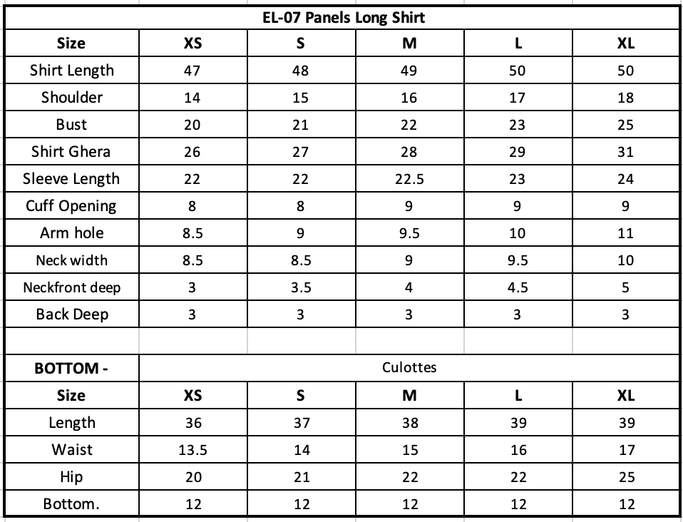 Size Chart (inches)