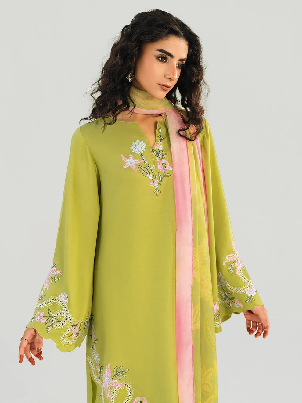 Olive Lime - 3Pcs Khaddi Silk Ensemble