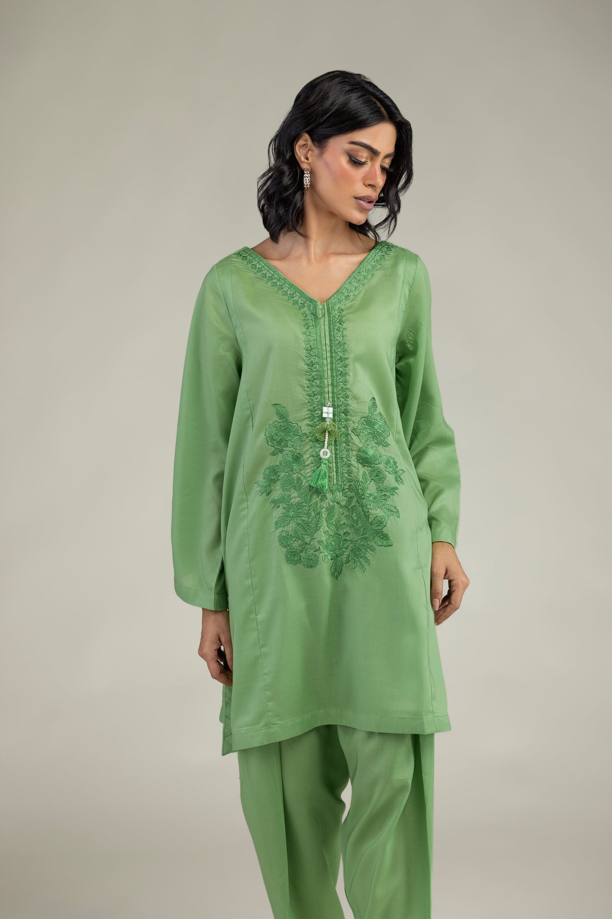 Green V-Neck Kurta