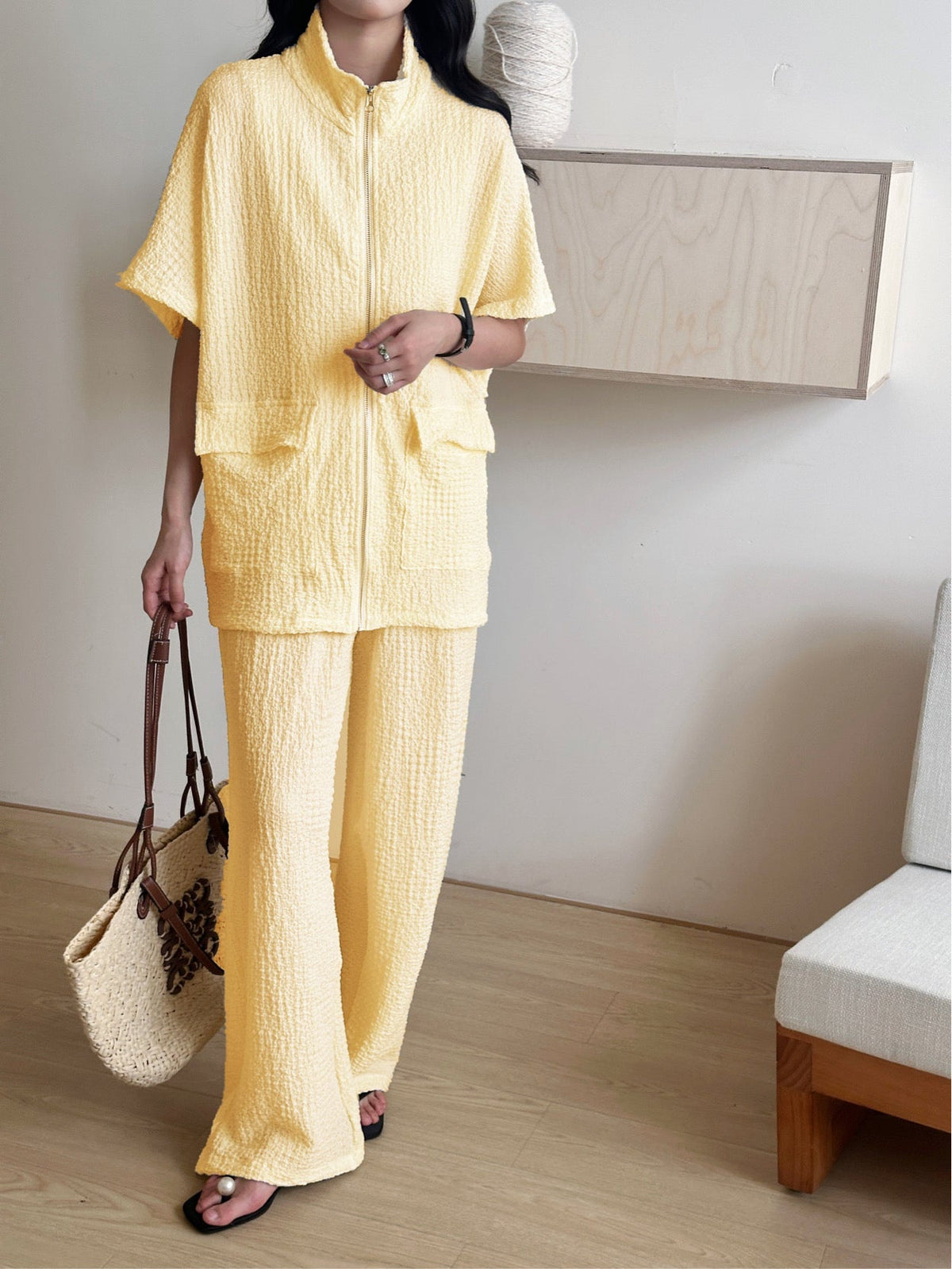 Roohi Yellow Textured suit with Full Zipper