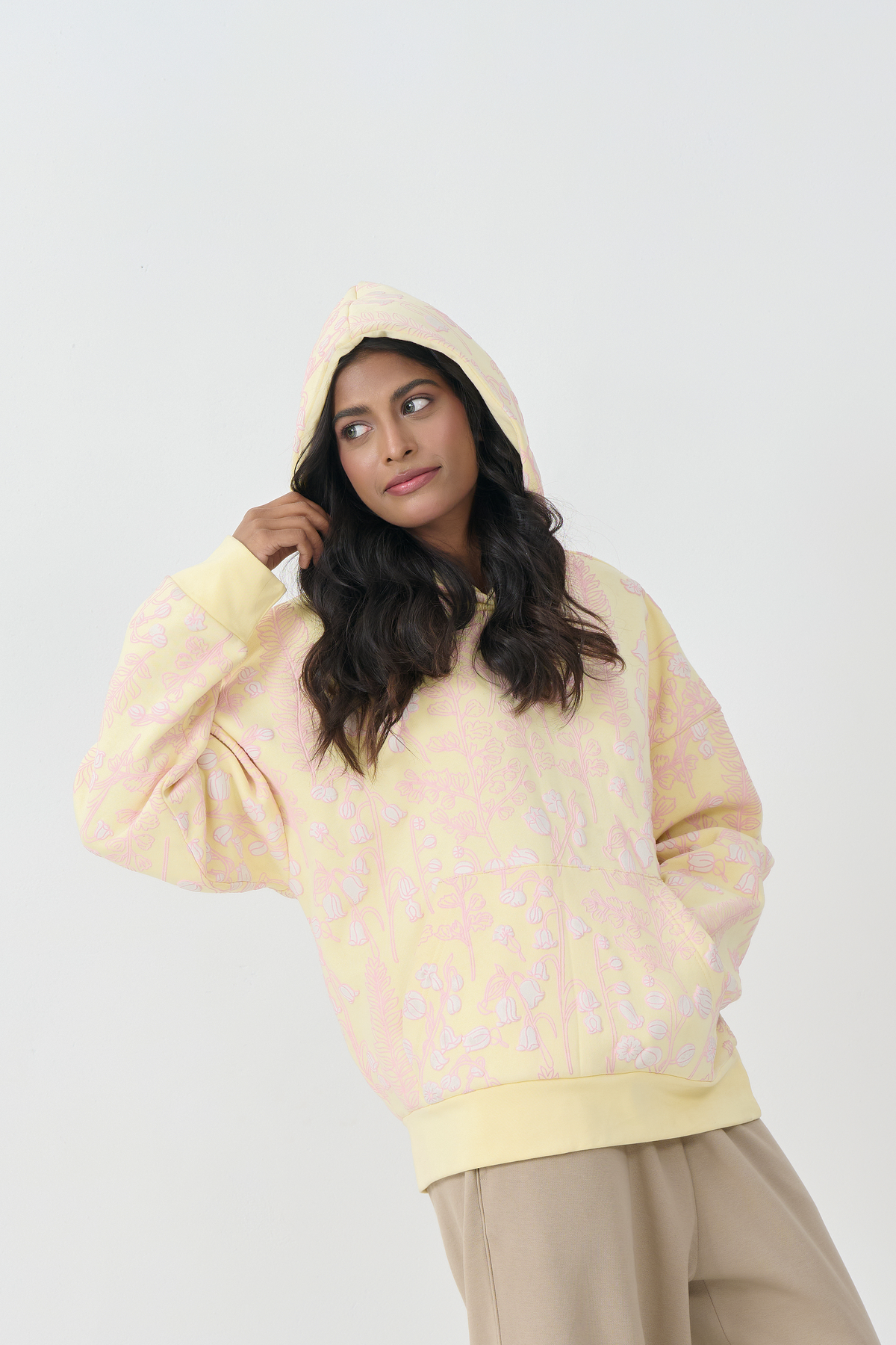Loose Fit Fleece Pull Over Hoodie (Yellow)