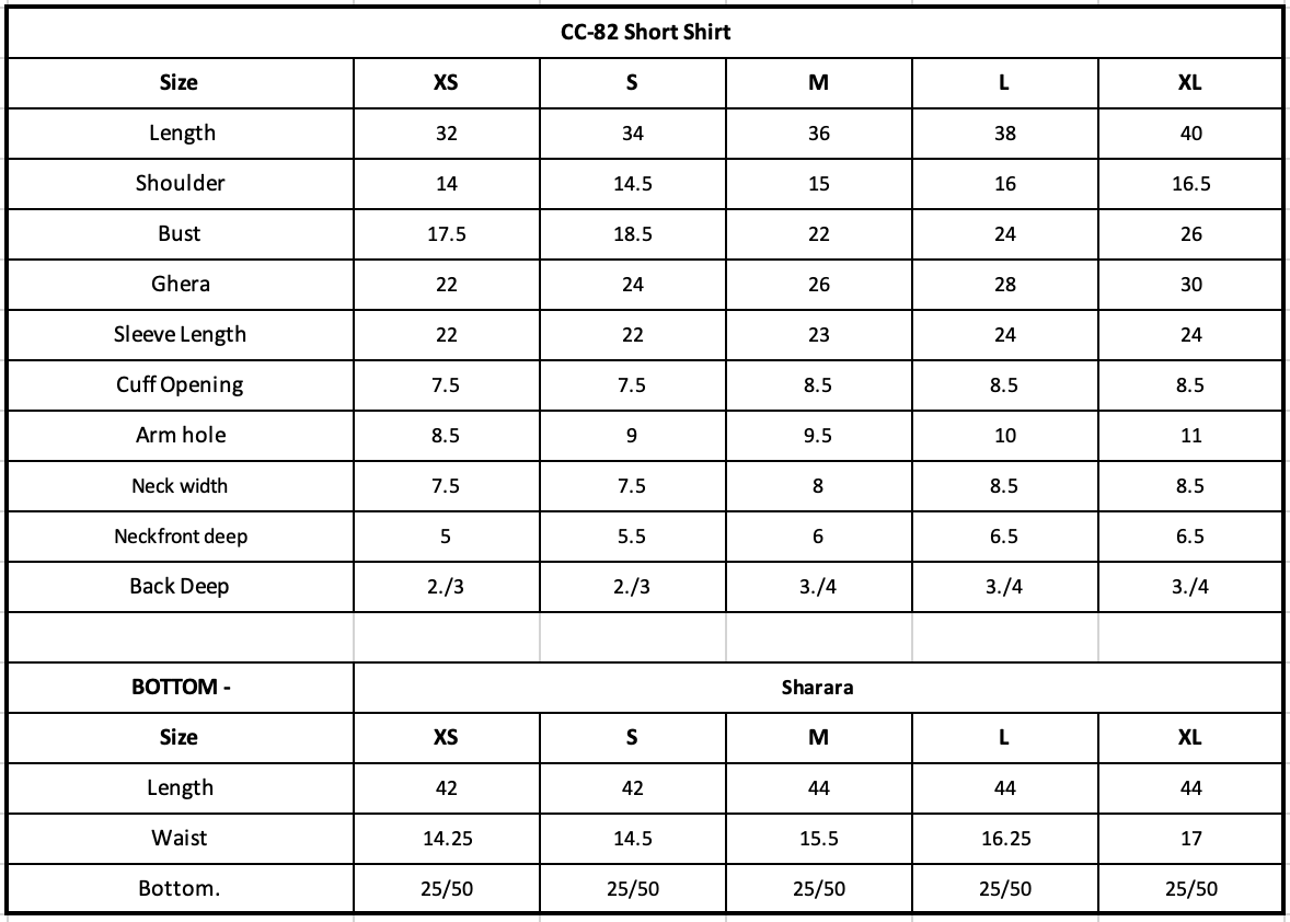 CC-82 Size Chart (inches)