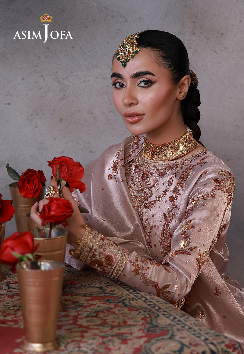 AJULND-15 Embroidered Zari Tissue Net Stitched 3 Pcs