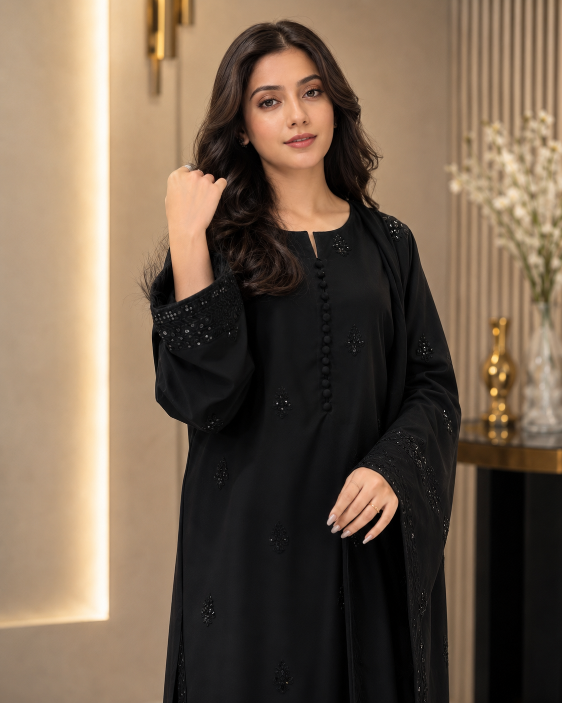 Shab-e-Noor - Black 3 Piece Stitched Suit with black  Sequence Work | Luxury Pret