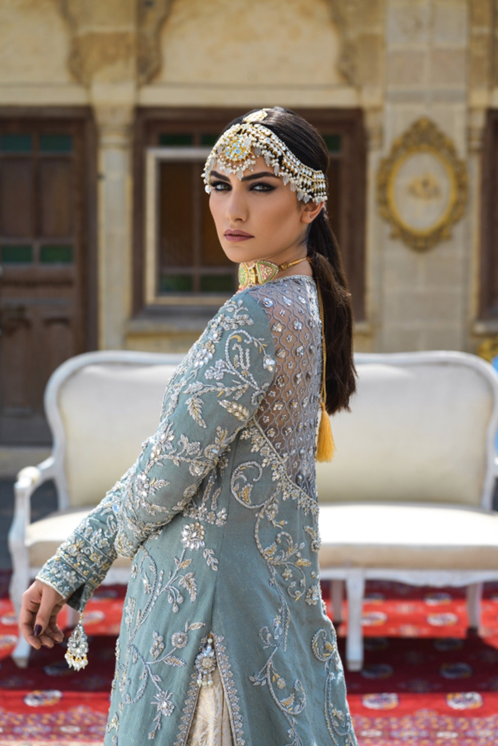 Porcelain Grey Coat with Brocade Lehenga
