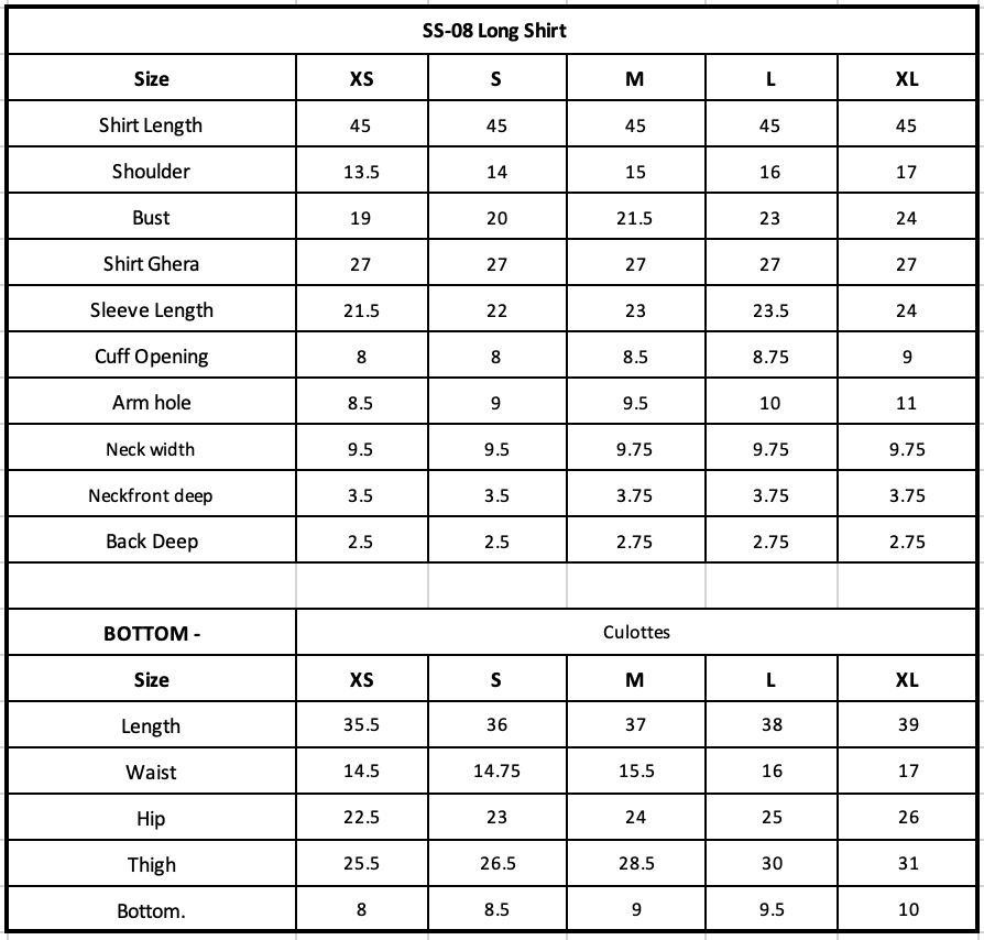 Size Chart (inches)