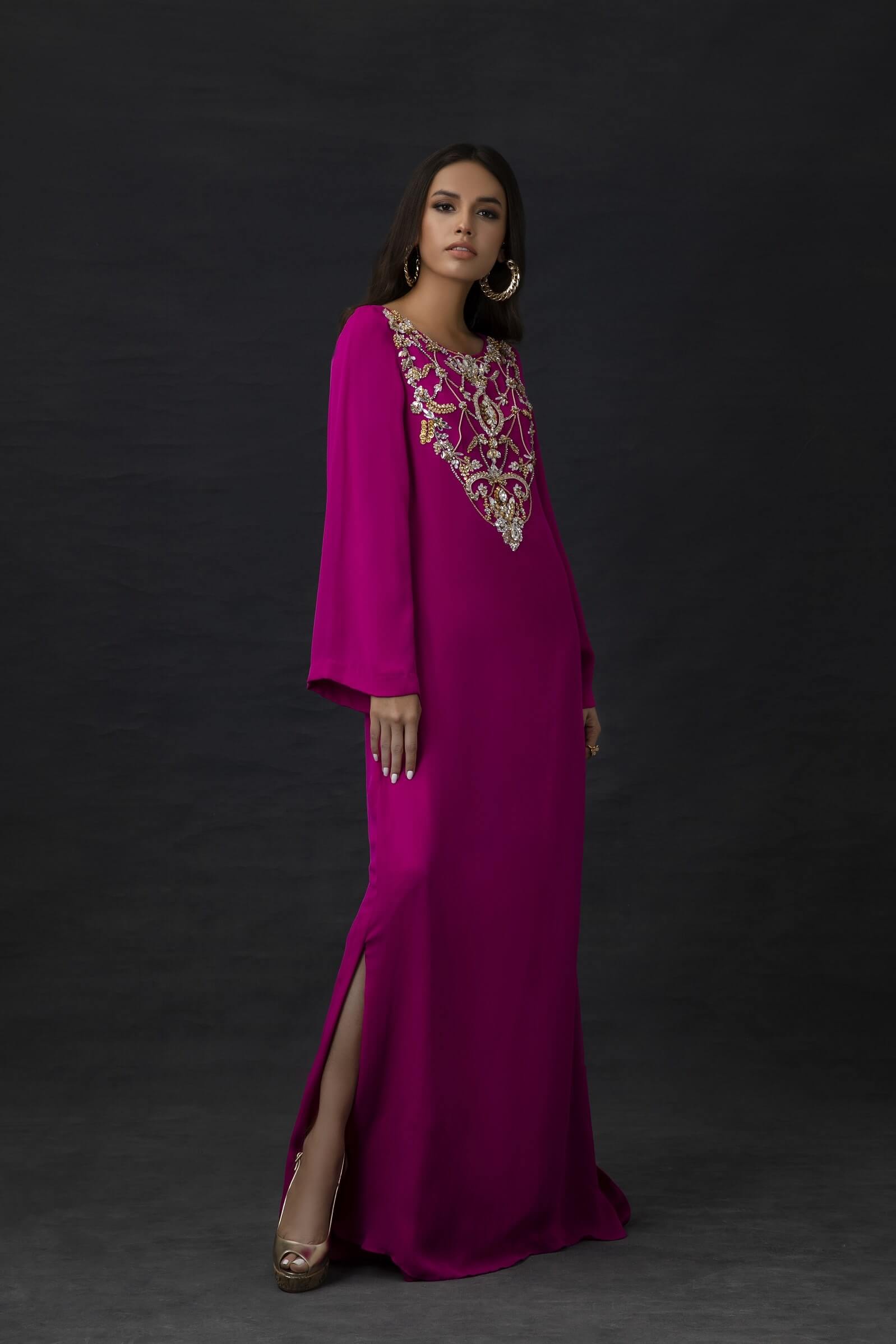 Hot Pink Kaftan with Crystal Embellished Neckline