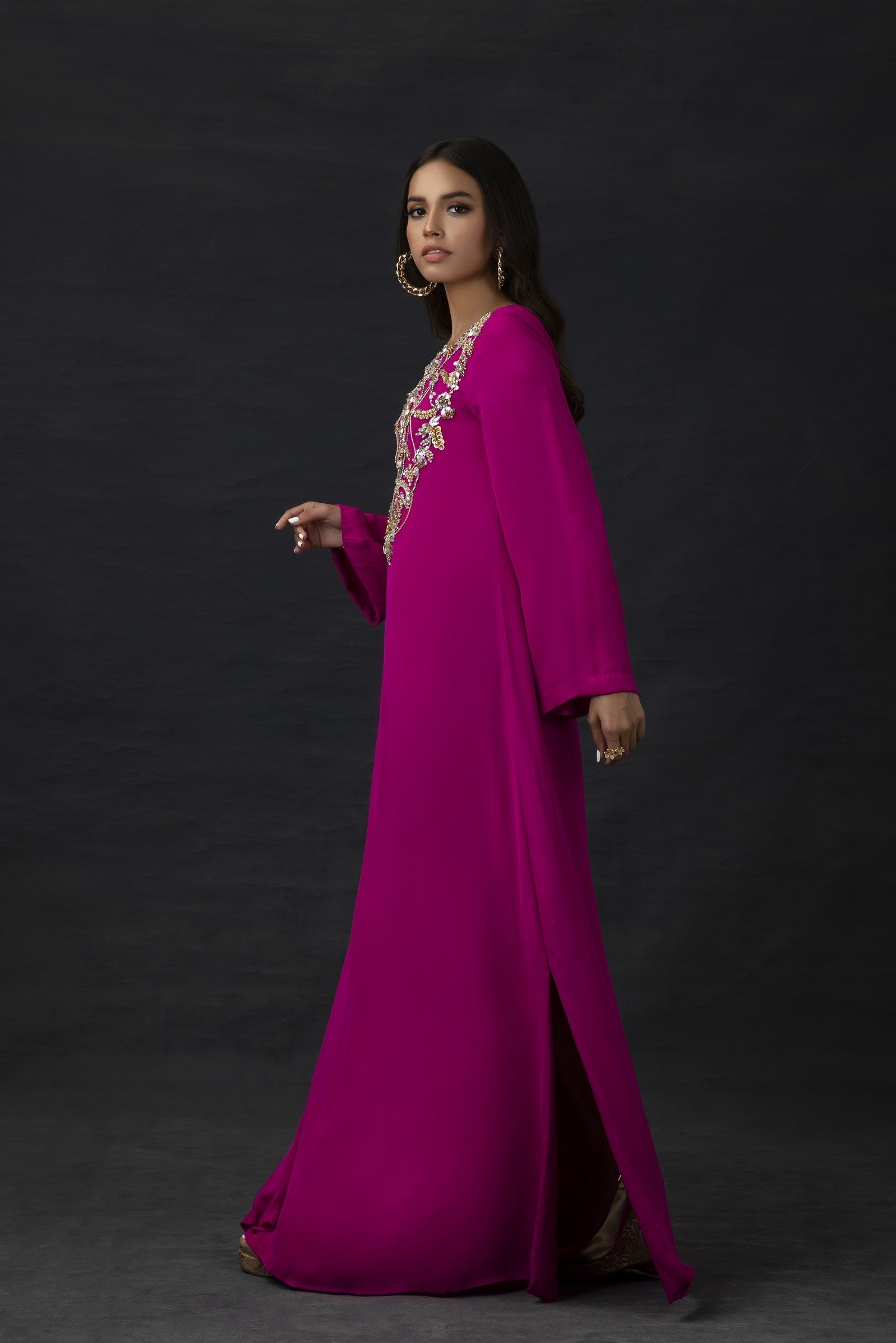 Hot Pink Kaftan with Crystal Embellished Neckline