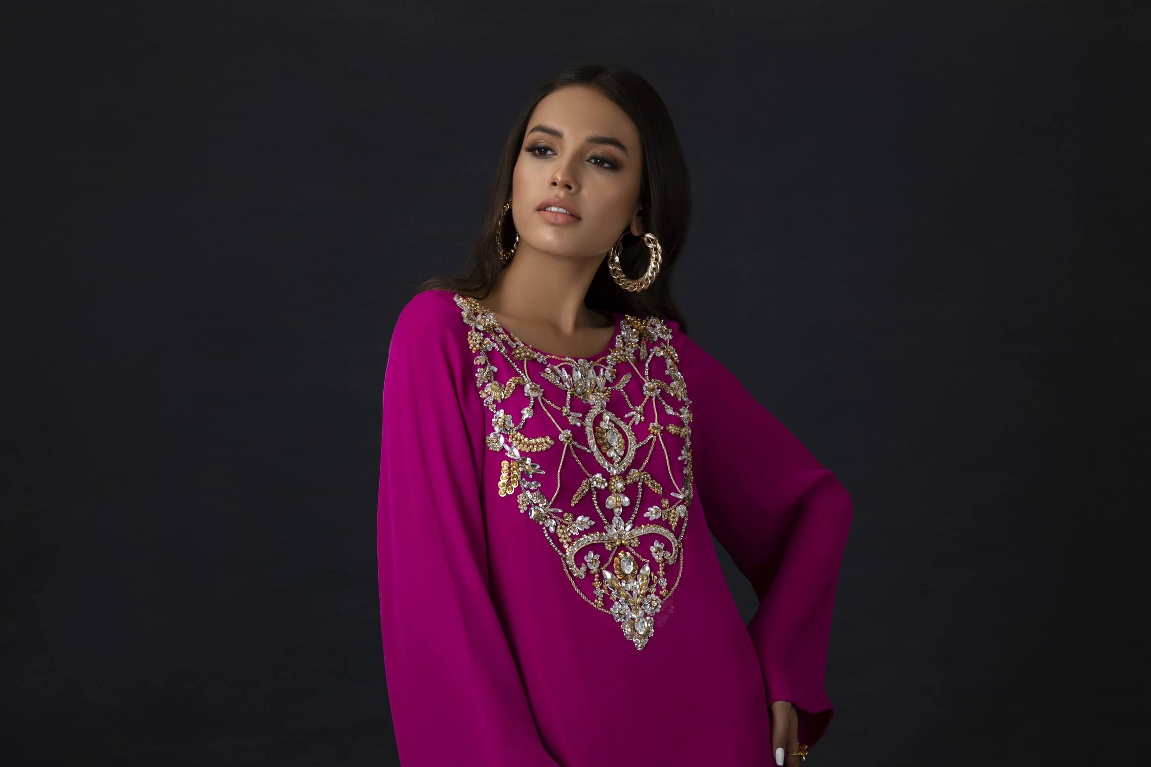 Hot Pink Kaftan with Crystal Embellished Neckline