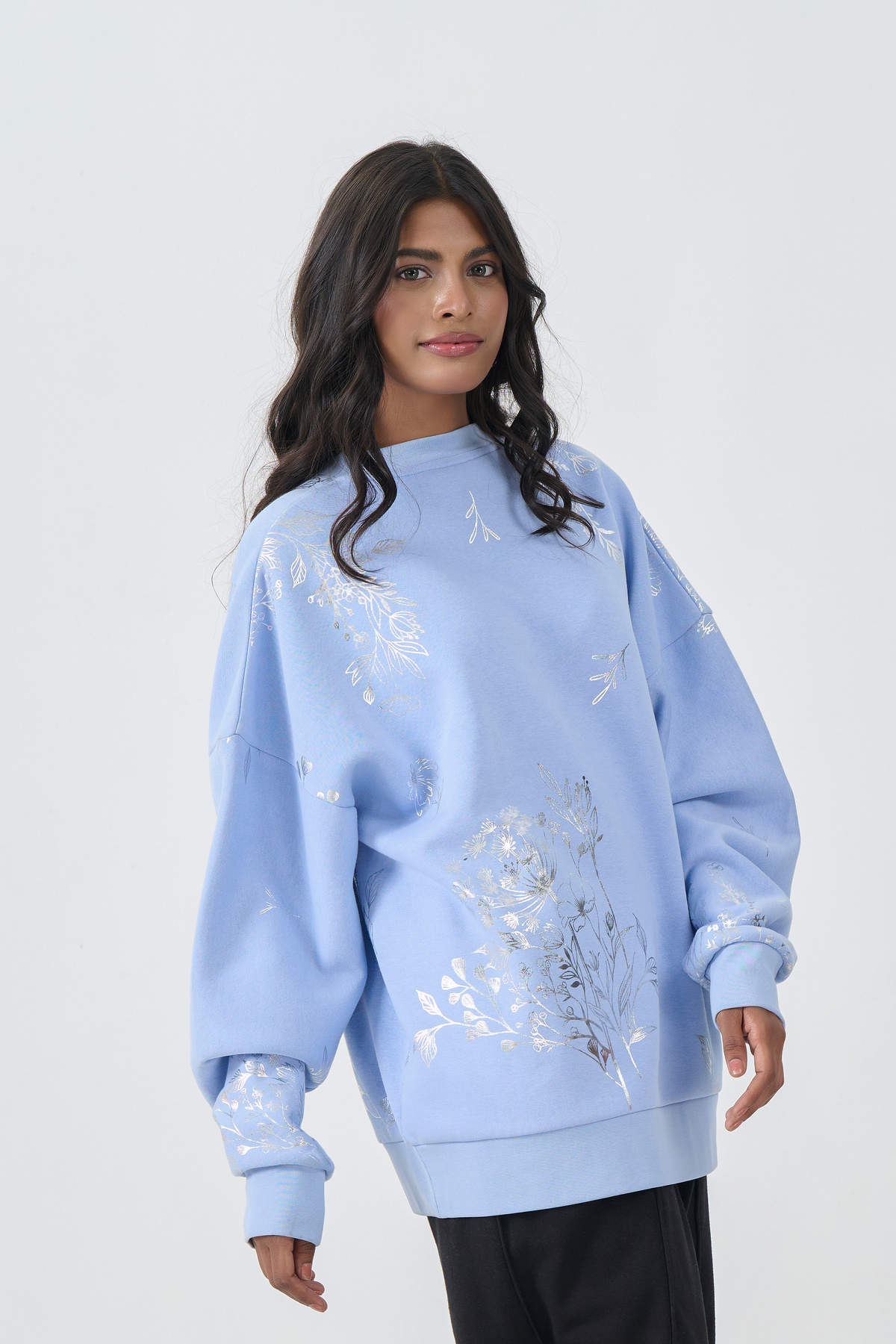 Loose Fit Sweatshirt with Silver Foil Print (Ice Blue)