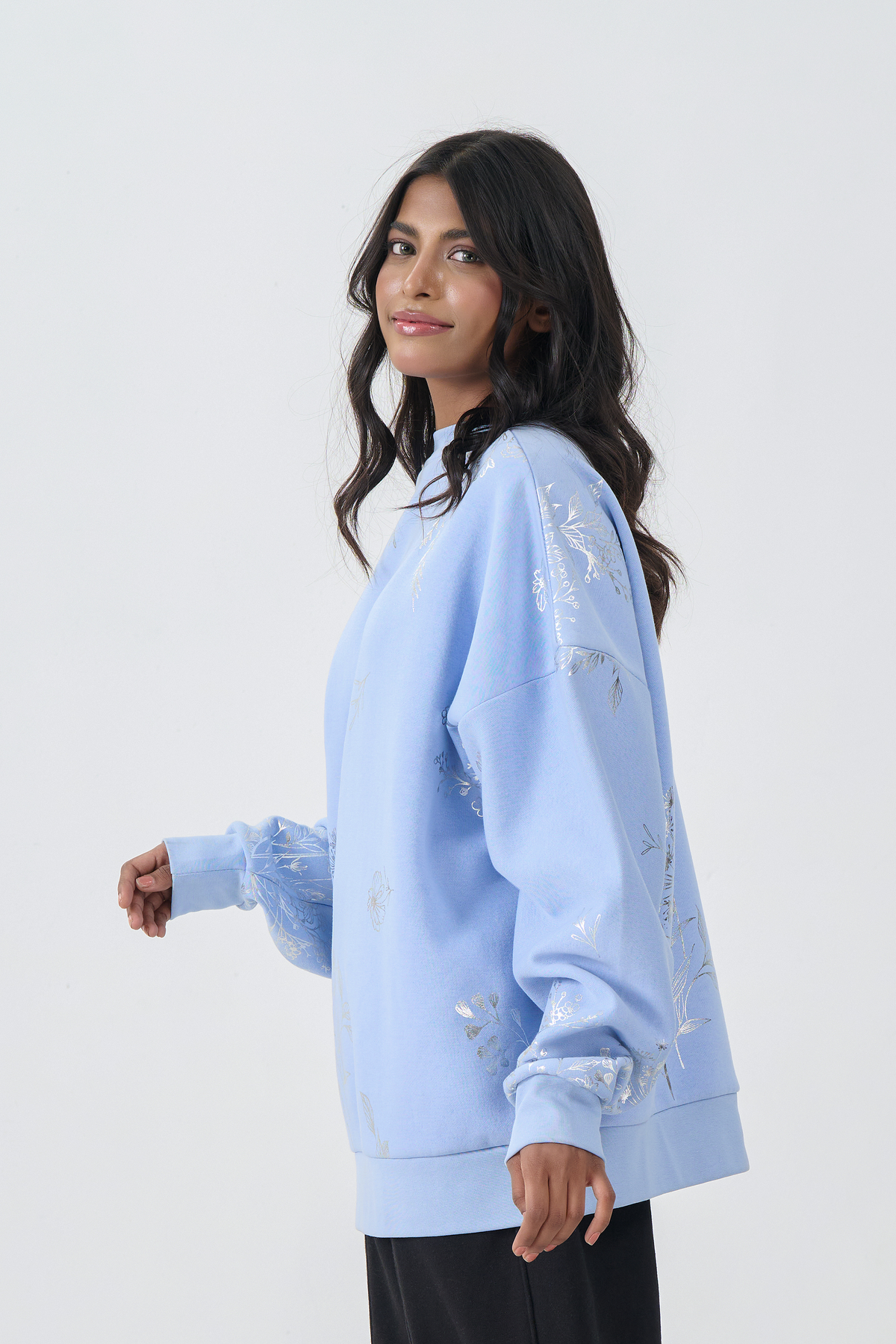 Loose Fit Sweatshirt with Silver Foil Print (Ice Blue)