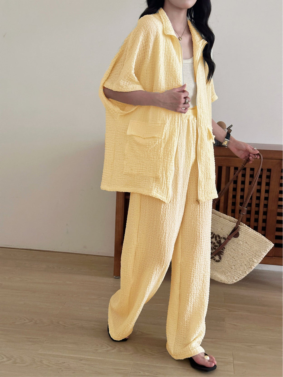 Roohi Yellow Textured suit with Full Zipper